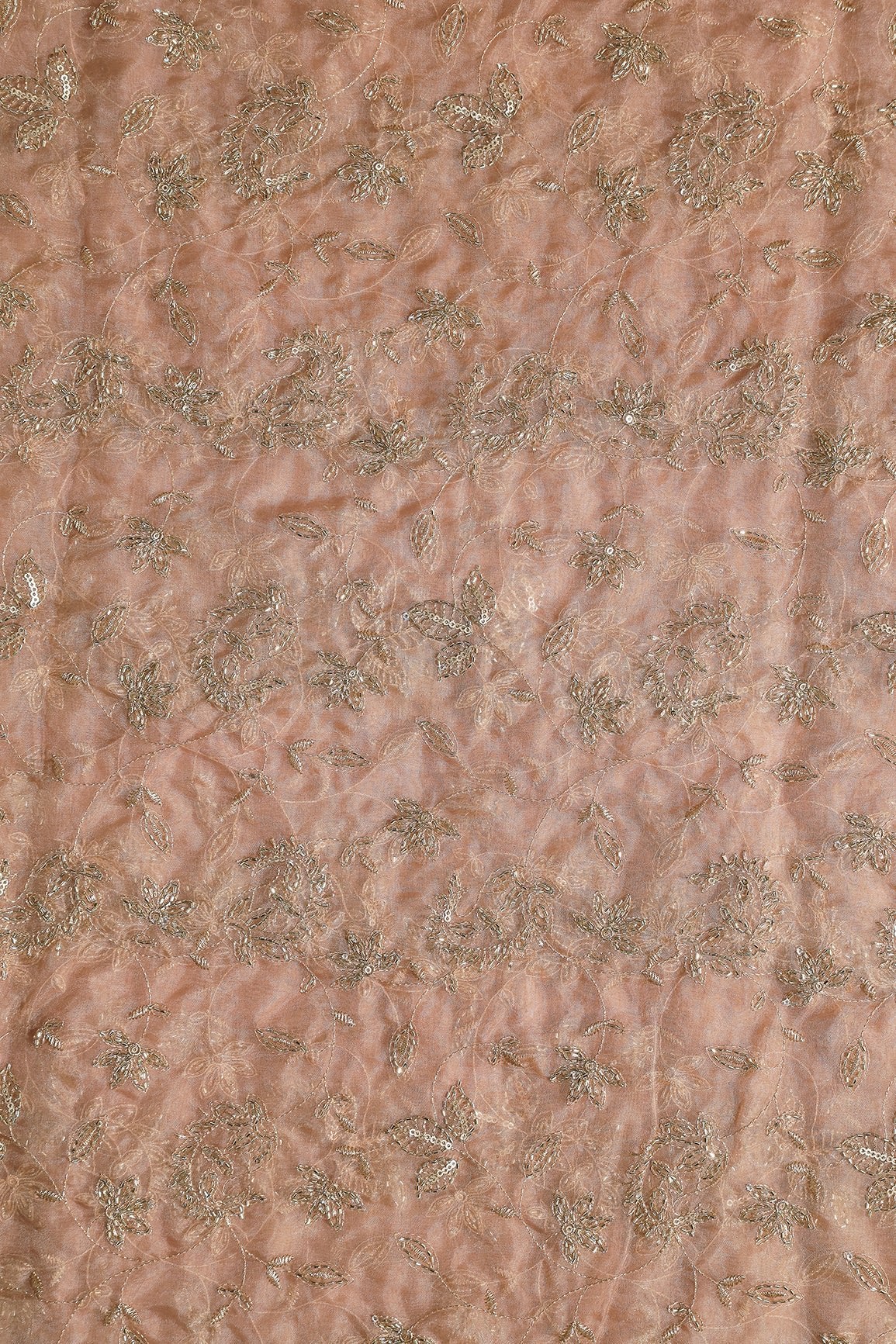 Gold Sequins & Beads With Zari Floral Leafy Paisley Embroidery Work On Light Brown Organza Fabric - doeraa