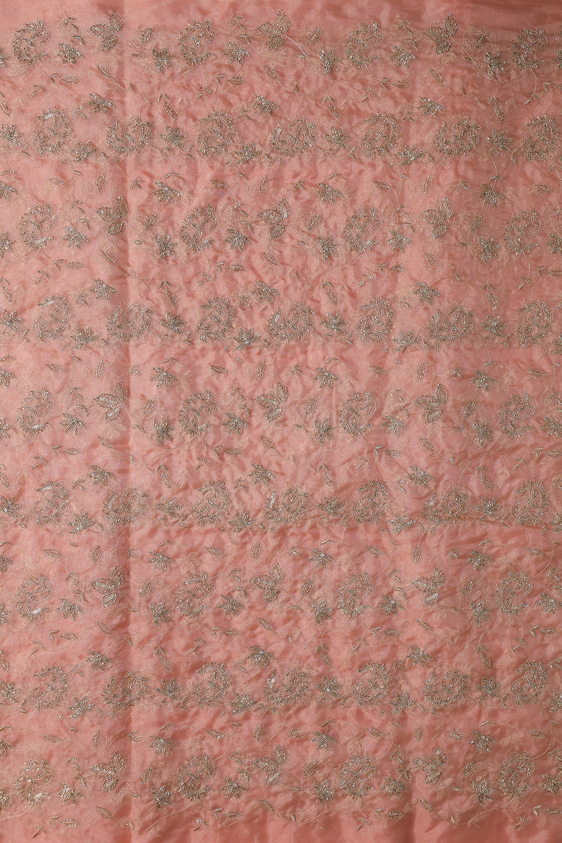 Gold Sequins & Beads With Zari Floral Leafy Paisley Embroidery Work On Peach Organza Fabric - doeraa