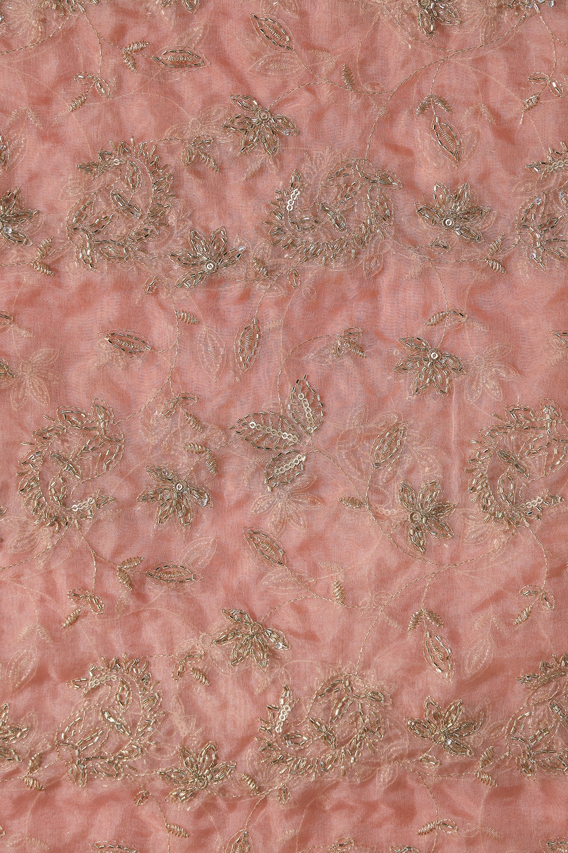 Gold Sequins & Beads With Zari Floral Leafy Paisley Embroidery Work On Peach Organza Fabric - doeraa