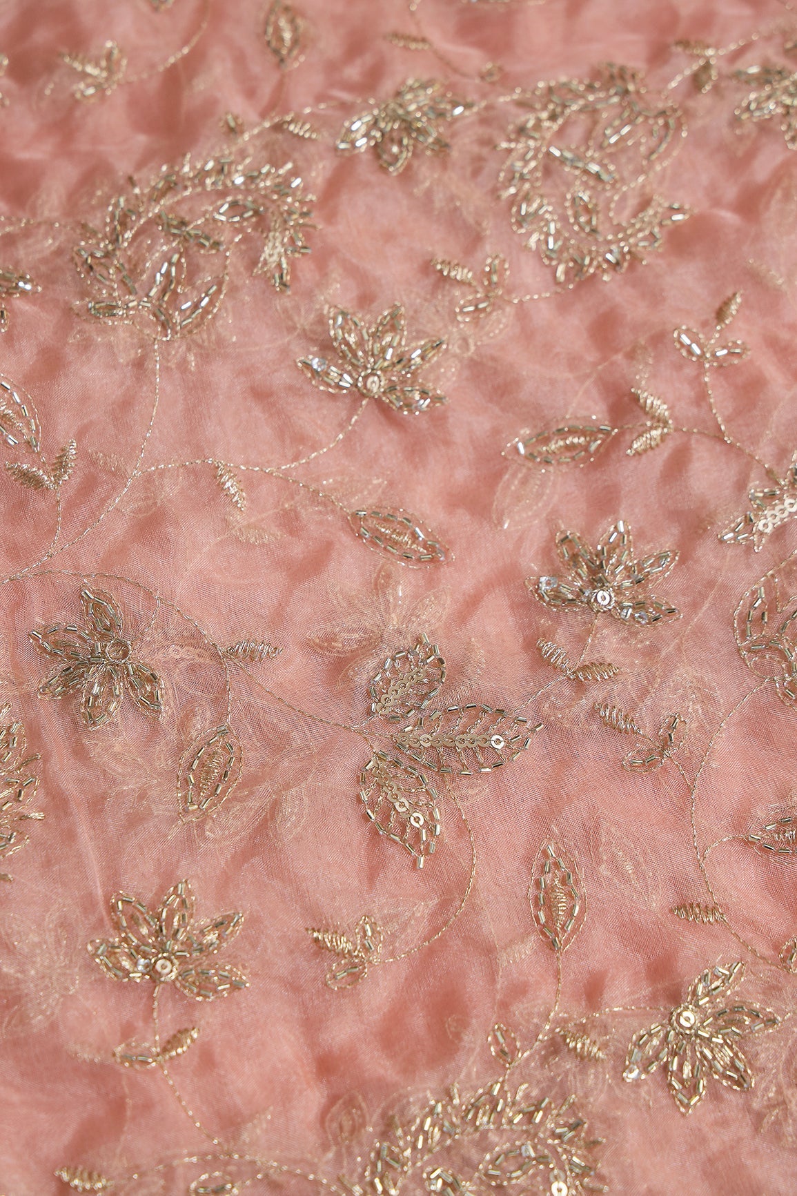 Gold Sequins & Beads With Zari Floral Leafy Paisley Embroidery Work On Peach Organza Fabric - doeraa