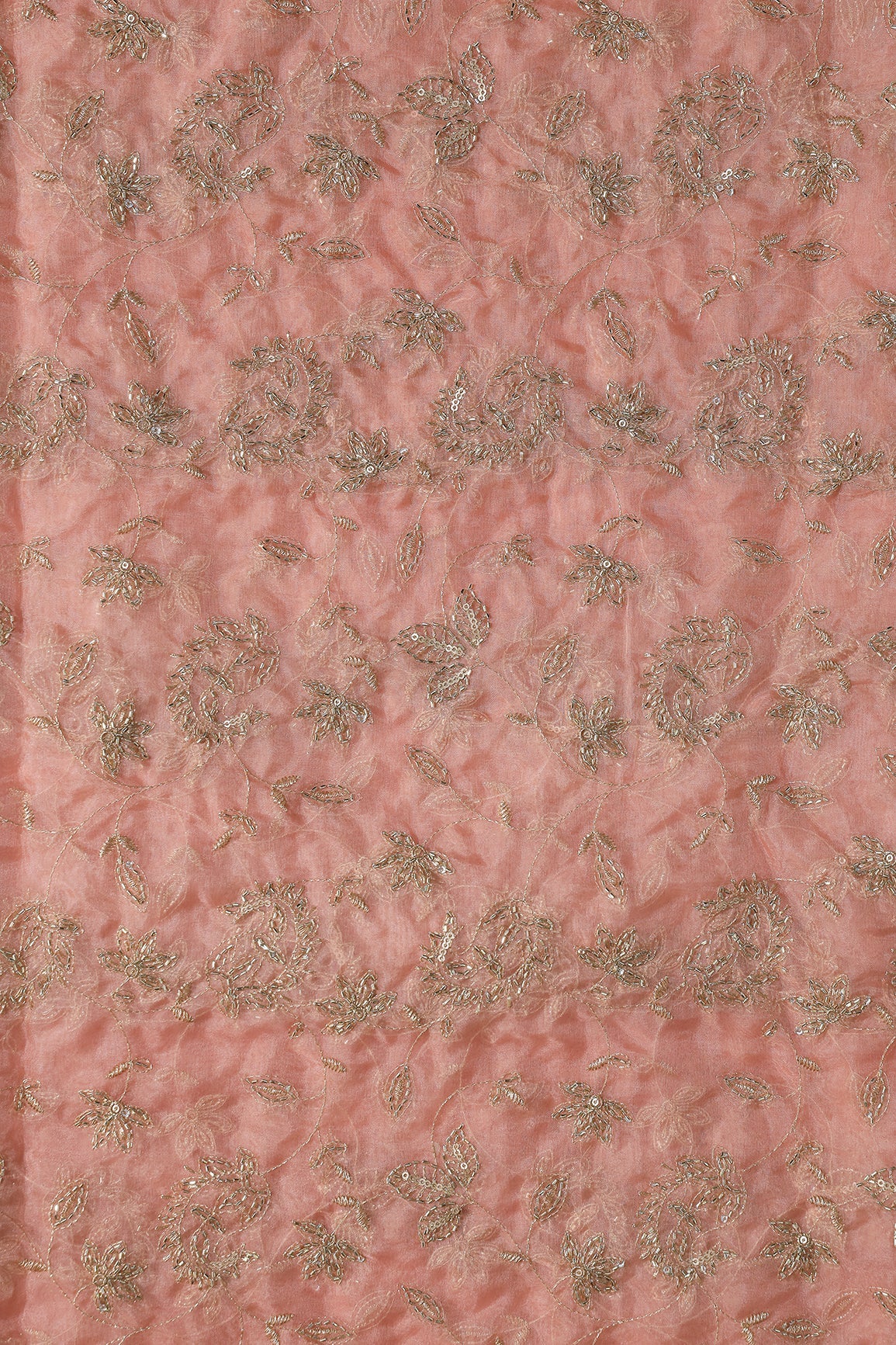 Gold Sequins & Beads With Zari Floral Leafy Paisley Embroidery Work On Peach Organza Fabric - doeraa