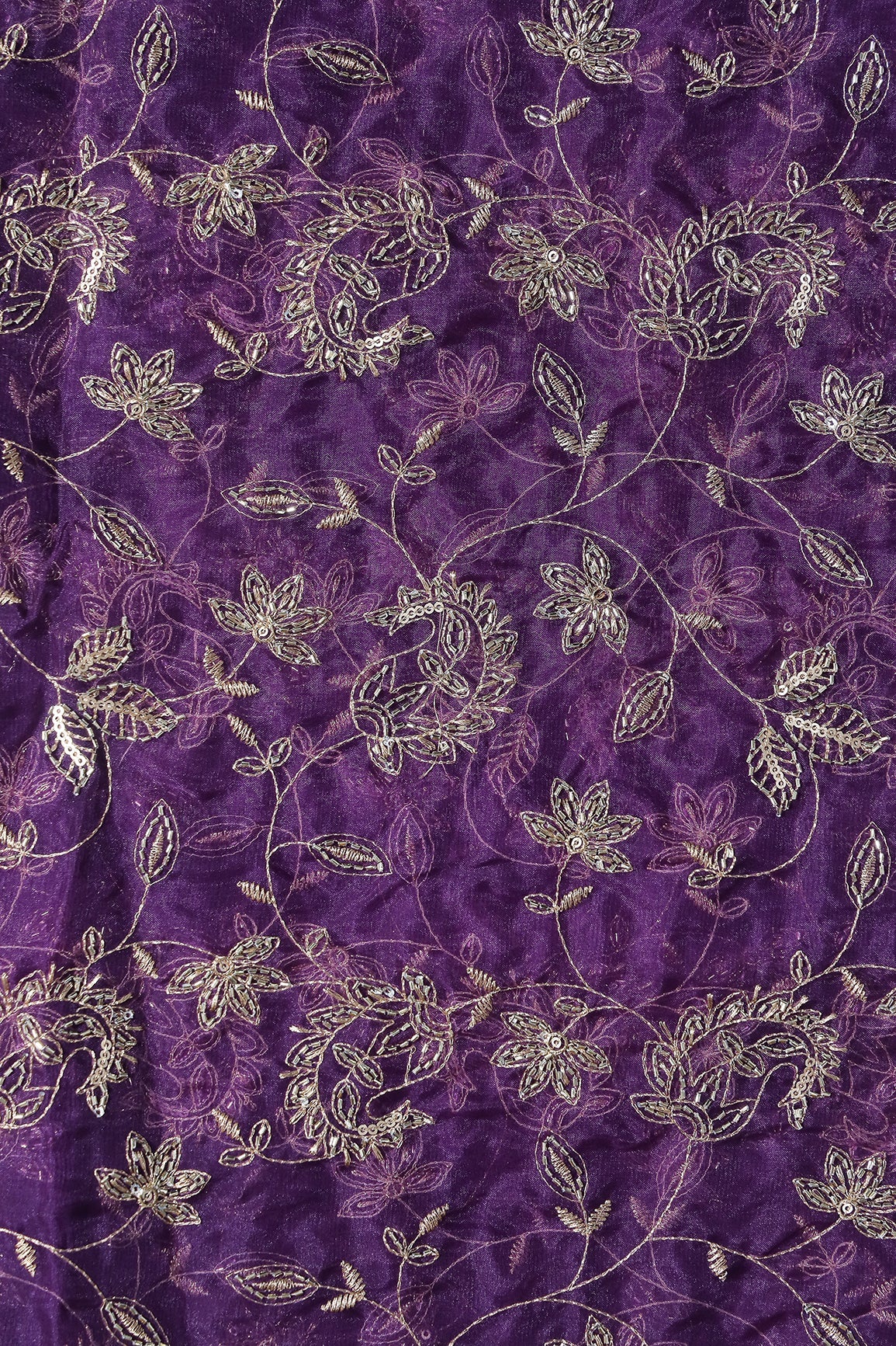 Gold Sequins & Beads With Zari Floral Leafy Paisley Embroidery Work On Purple Organza Fabric - doeraa
