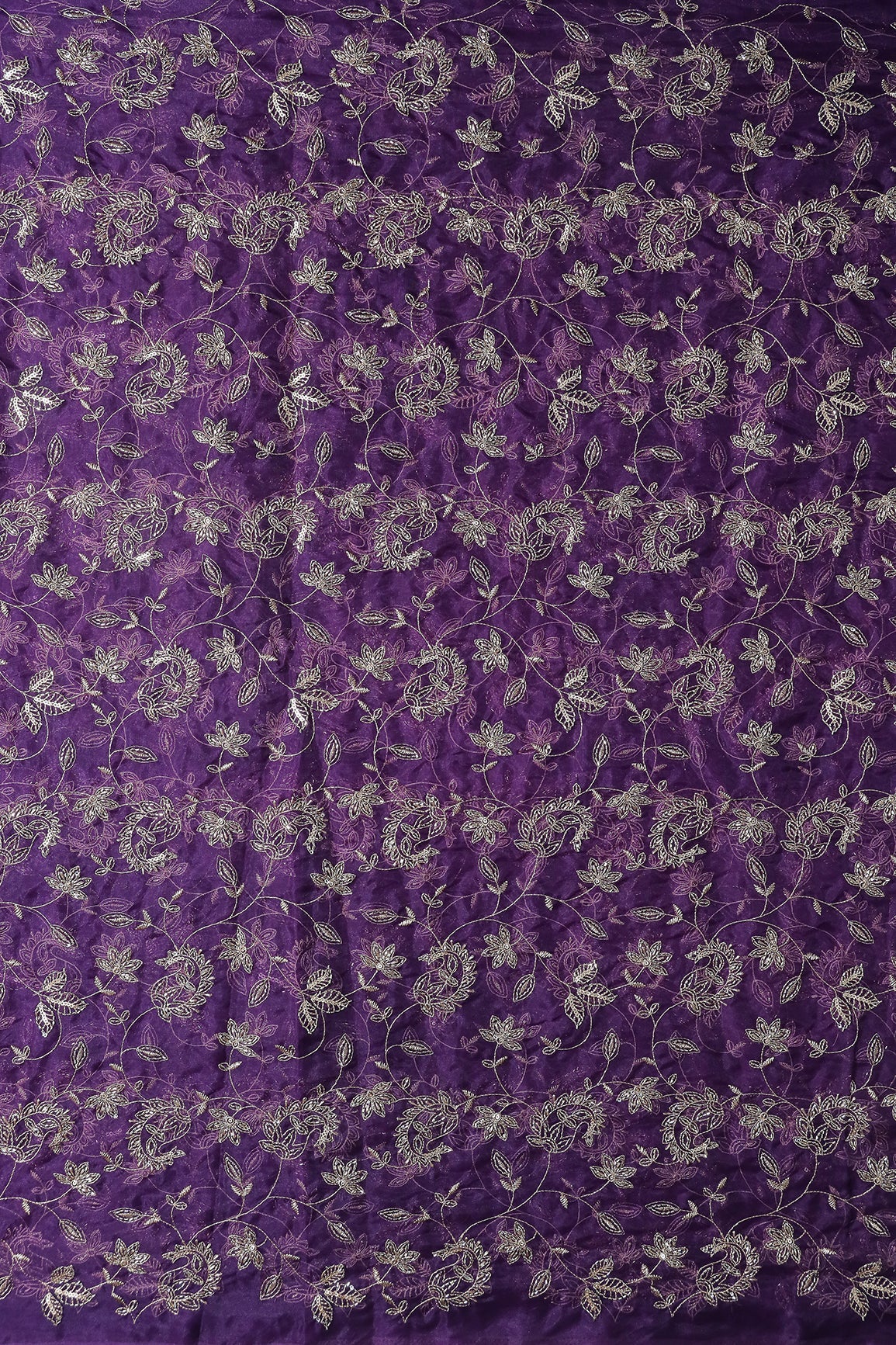 Gold Sequins & Beads With Zari Floral Leafy Paisley Embroidery Work On Purple Organza Fabric - doeraa