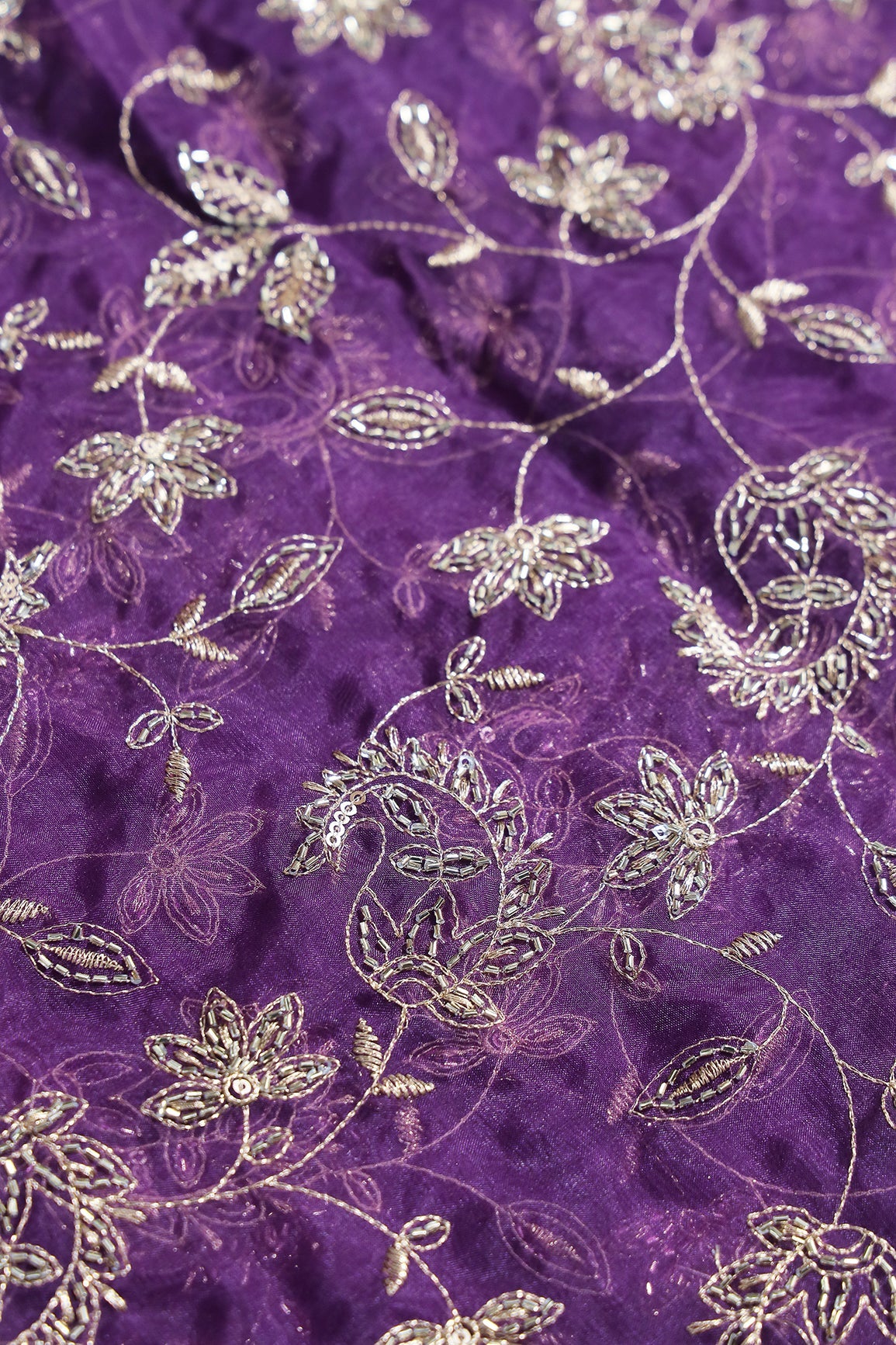 Gold Sequins & Beads With Zari Floral Leafy Paisley Embroidery Work On Purple Organza Fabric - doeraa