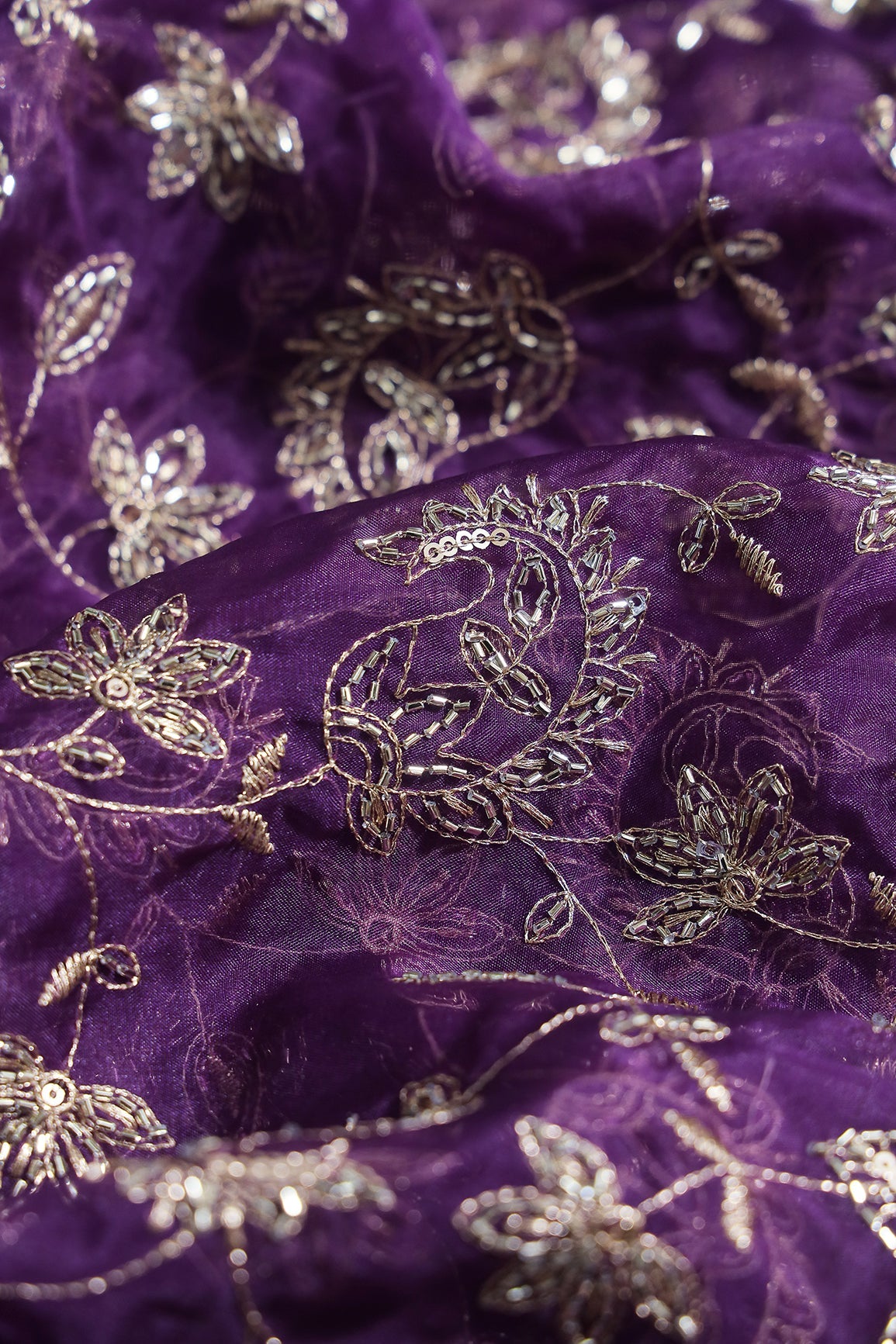Gold Sequins & Beads With Zari Floral Leafy Paisley Embroidery Work On Purple Organza Fabric - doeraa