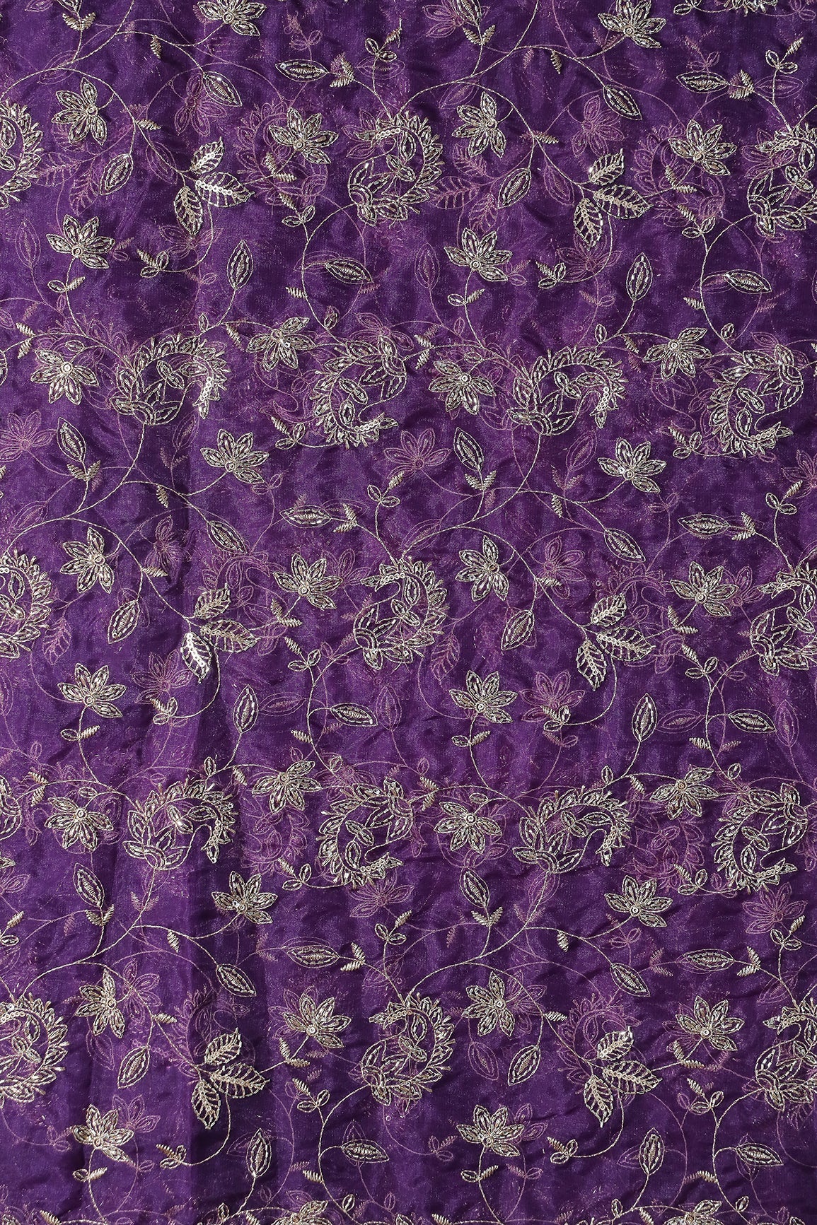 Gold Sequins & Beads With Zari Floral Leafy Paisley Embroidery Work On Purple Organza Fabric - doeraa