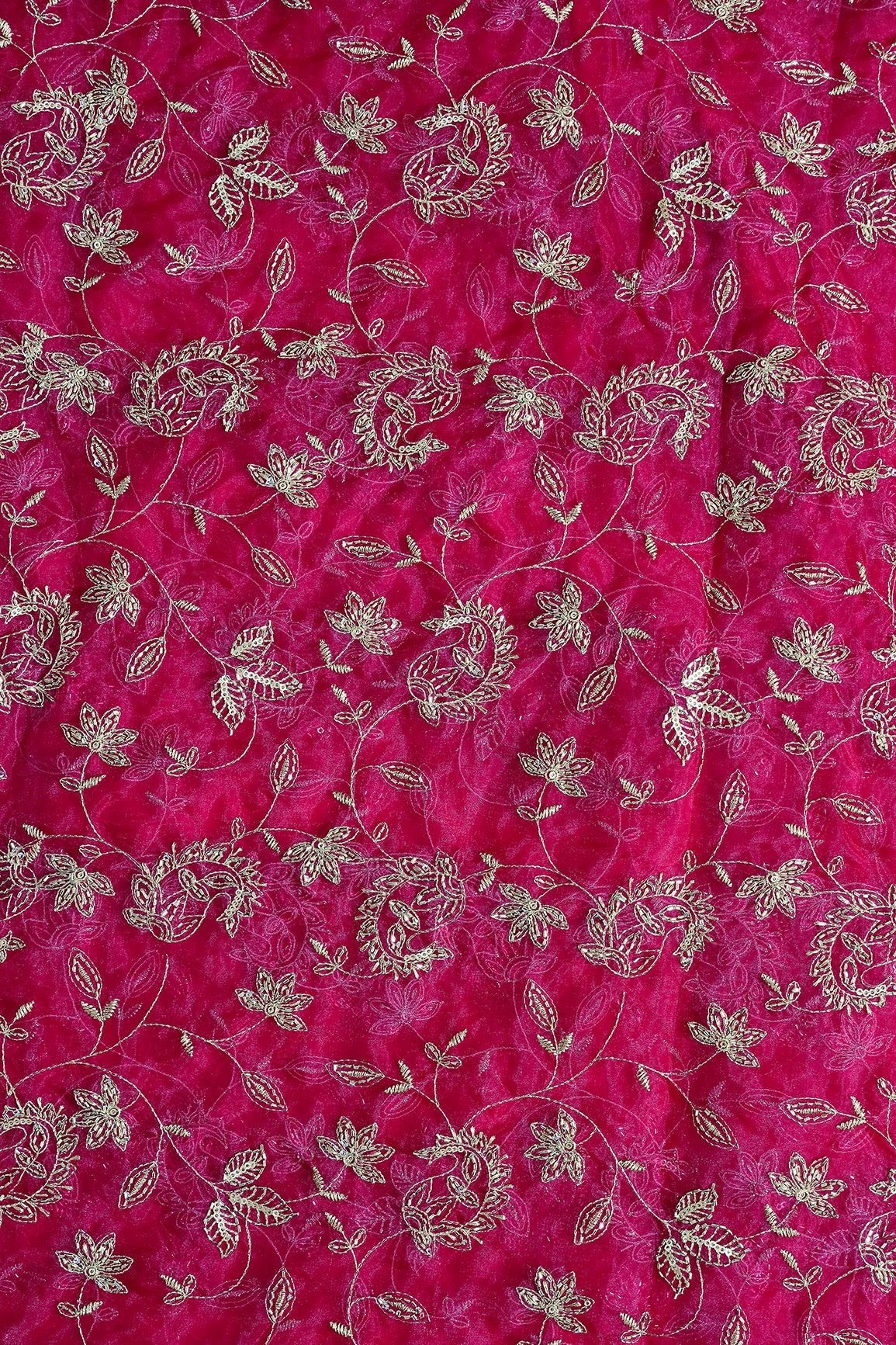 Gold Sequins & Beads With Zari Floral Leafy Paisley Embroidery Work On Rani Organza Fabric - doeraa