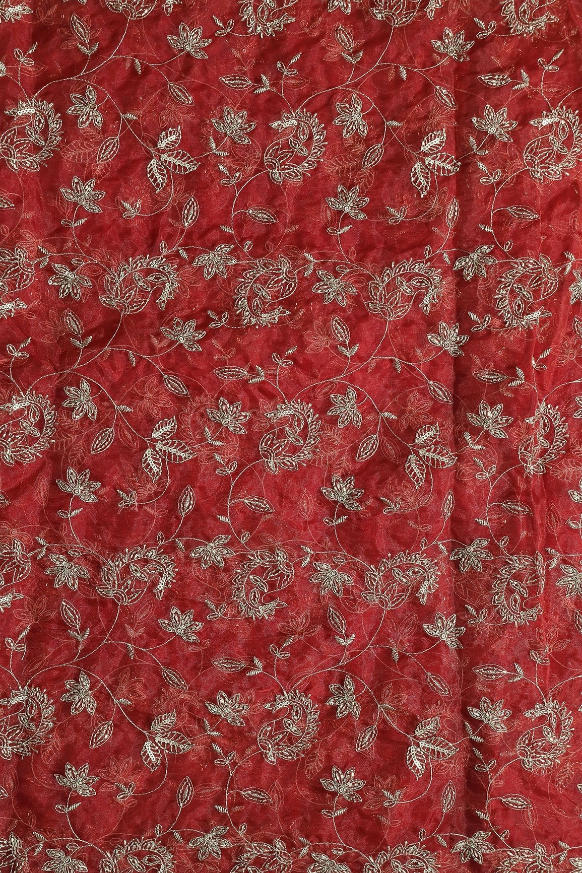 Gold Sequins & Beads With Zari Floral Leafy Paisley Embroidery Work On Rust Organza Fabric - doeraa