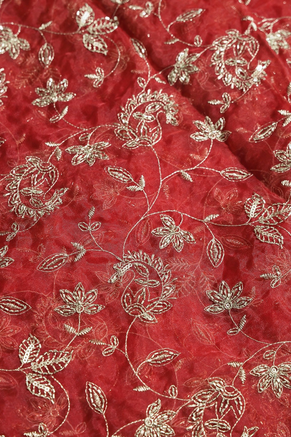 Gold Sequins & Beads With Zari Floral Leafy Paisley Embroidery Work On Rust Organza Fabric - doeraa