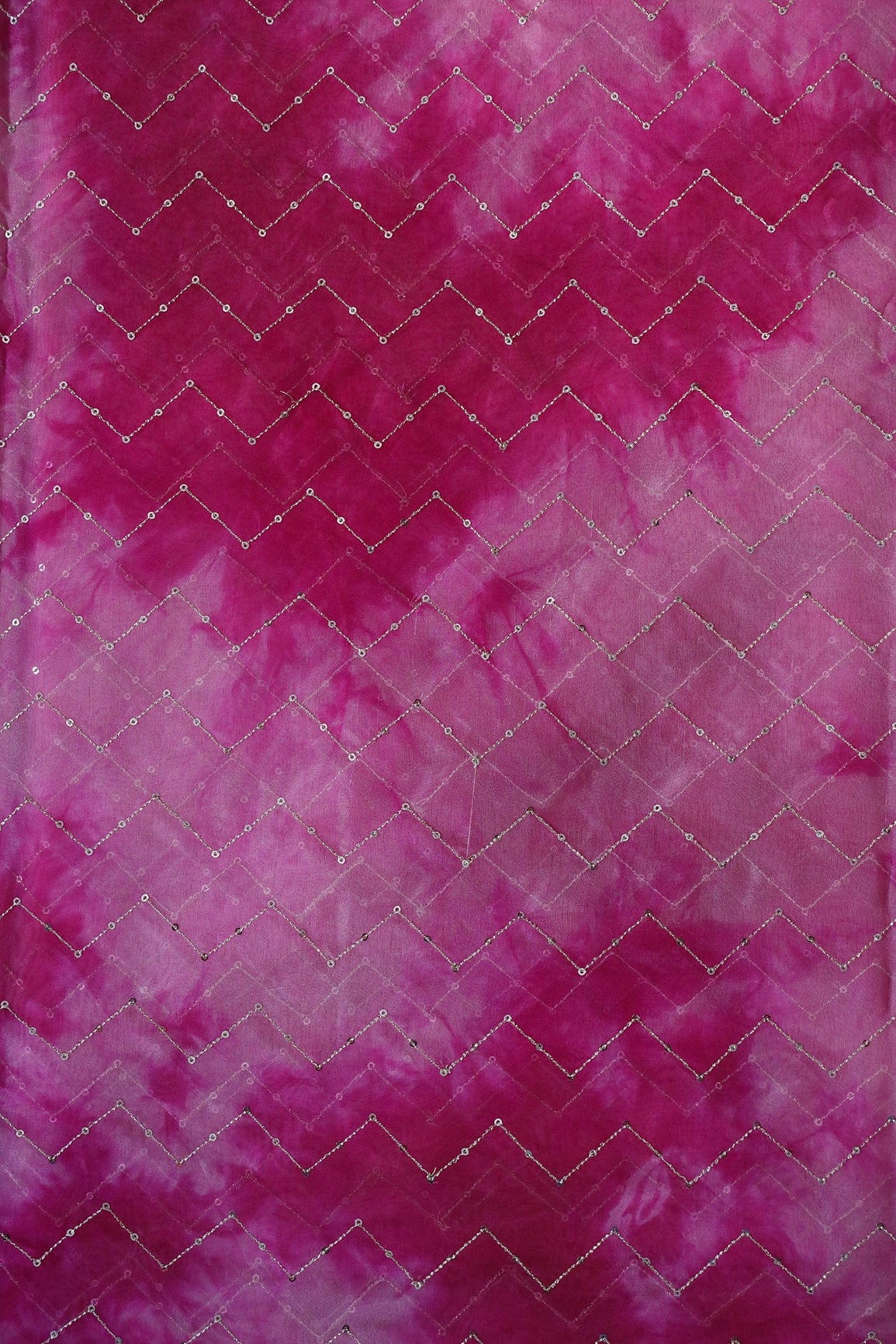 Gold Sequins Chevron Embroidery Work On Tie & Dye Dark Pink Organza Fabric - doeraa