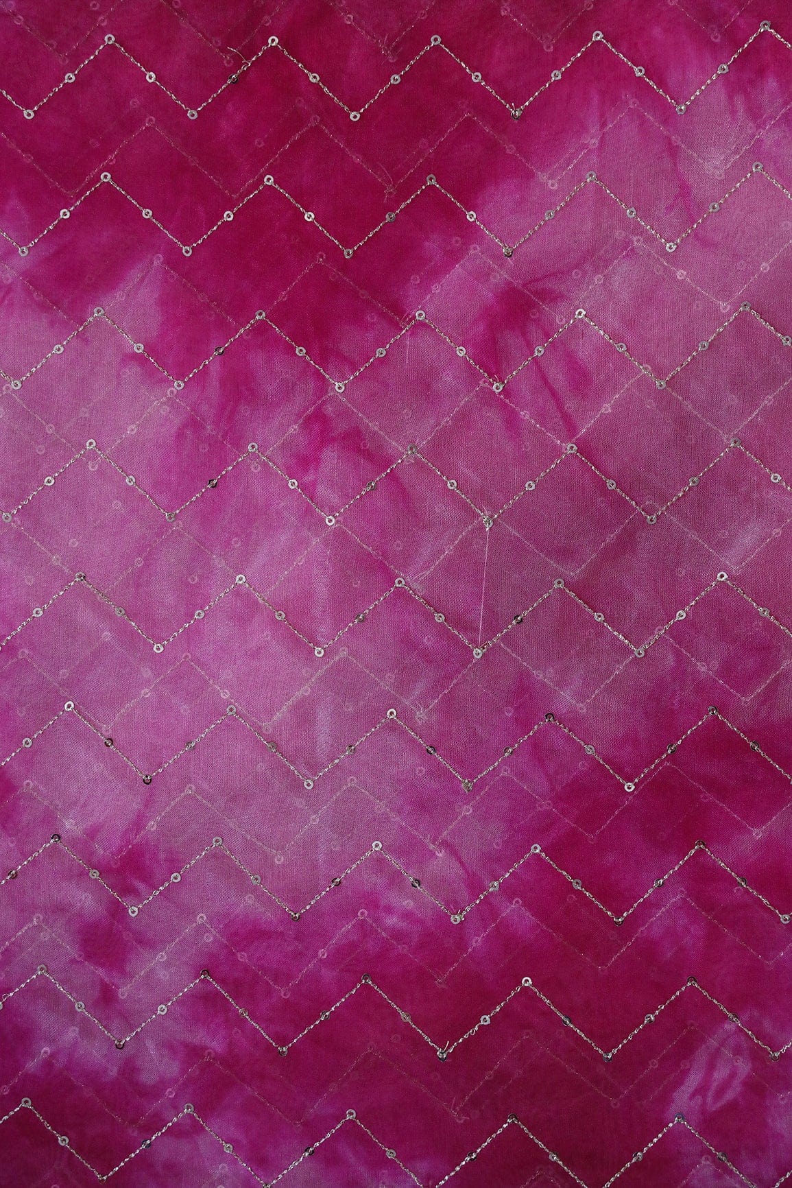 Gold Sequins Chevron Embroidery Work On Tie & Dye Dark Pink Organza Fabric - doeraa