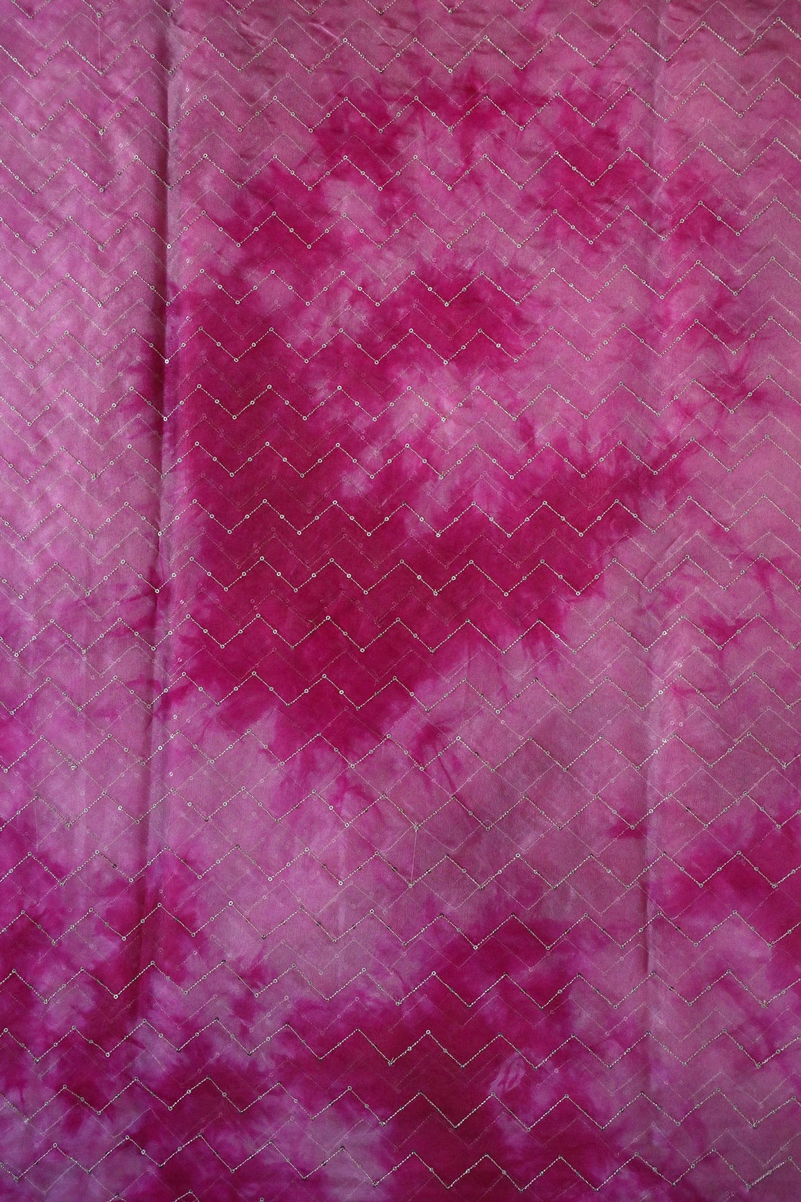 Gold Sequins Chevron Embroidery Work On Tie & Dye Dark Pink Organza Fabric - doeraa