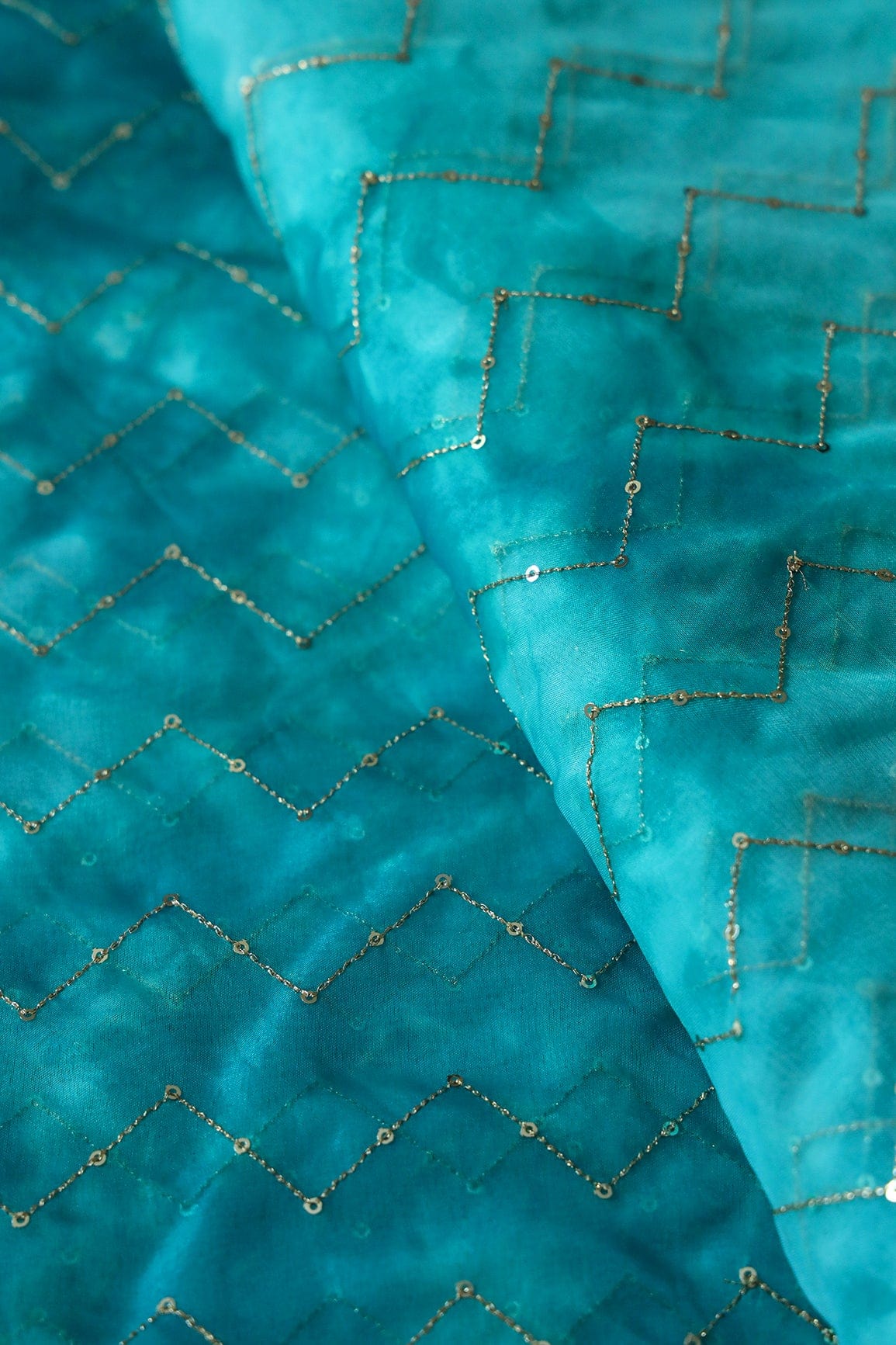 Gold Sequins Chevron Embroidery Work On Tie & Dye Rama Organza Fabric - doeraa