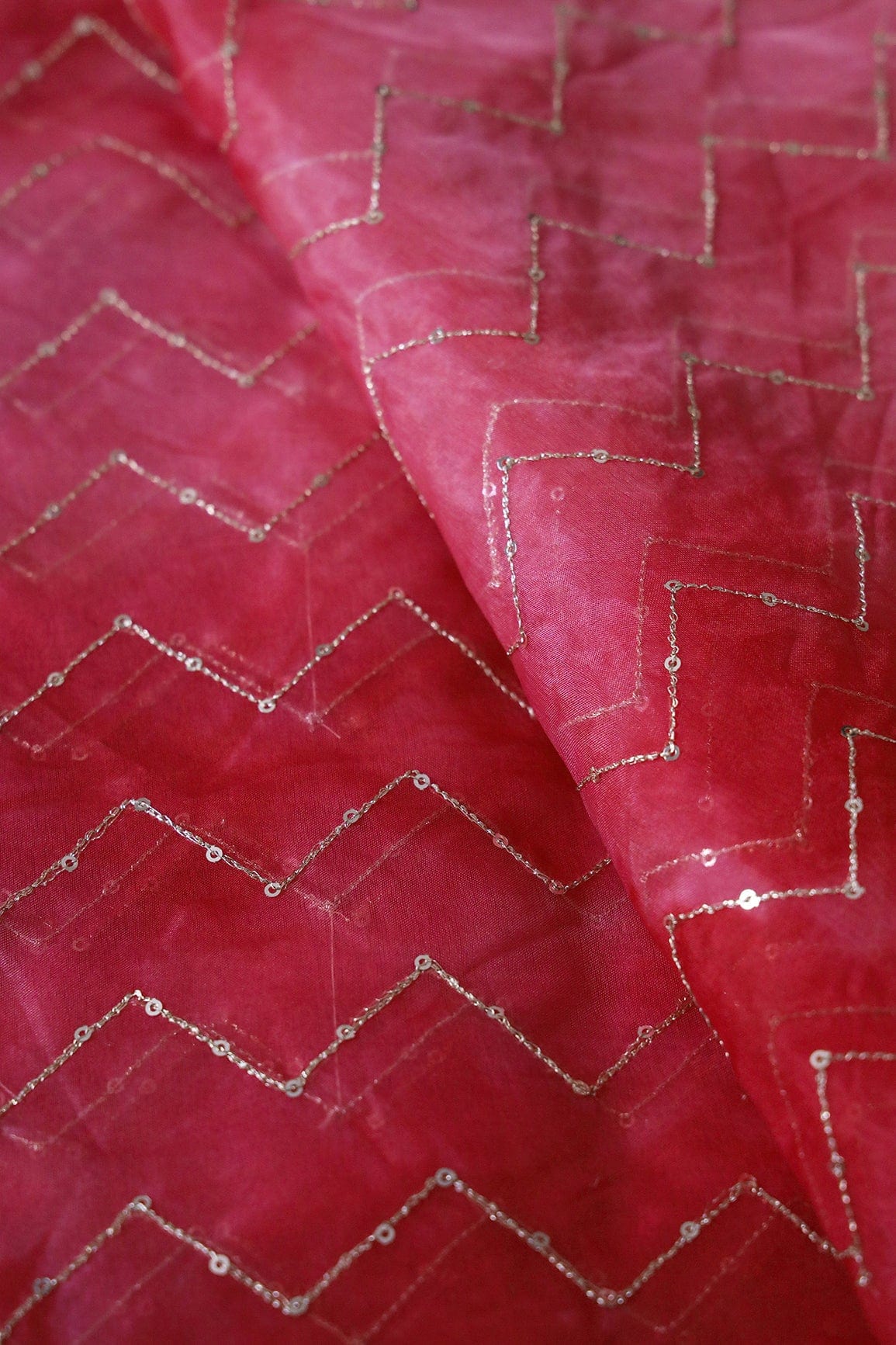 Gold Sequins Chevron Embroidery Work On Tie & Dye Red Organza Fabric - doeraa
