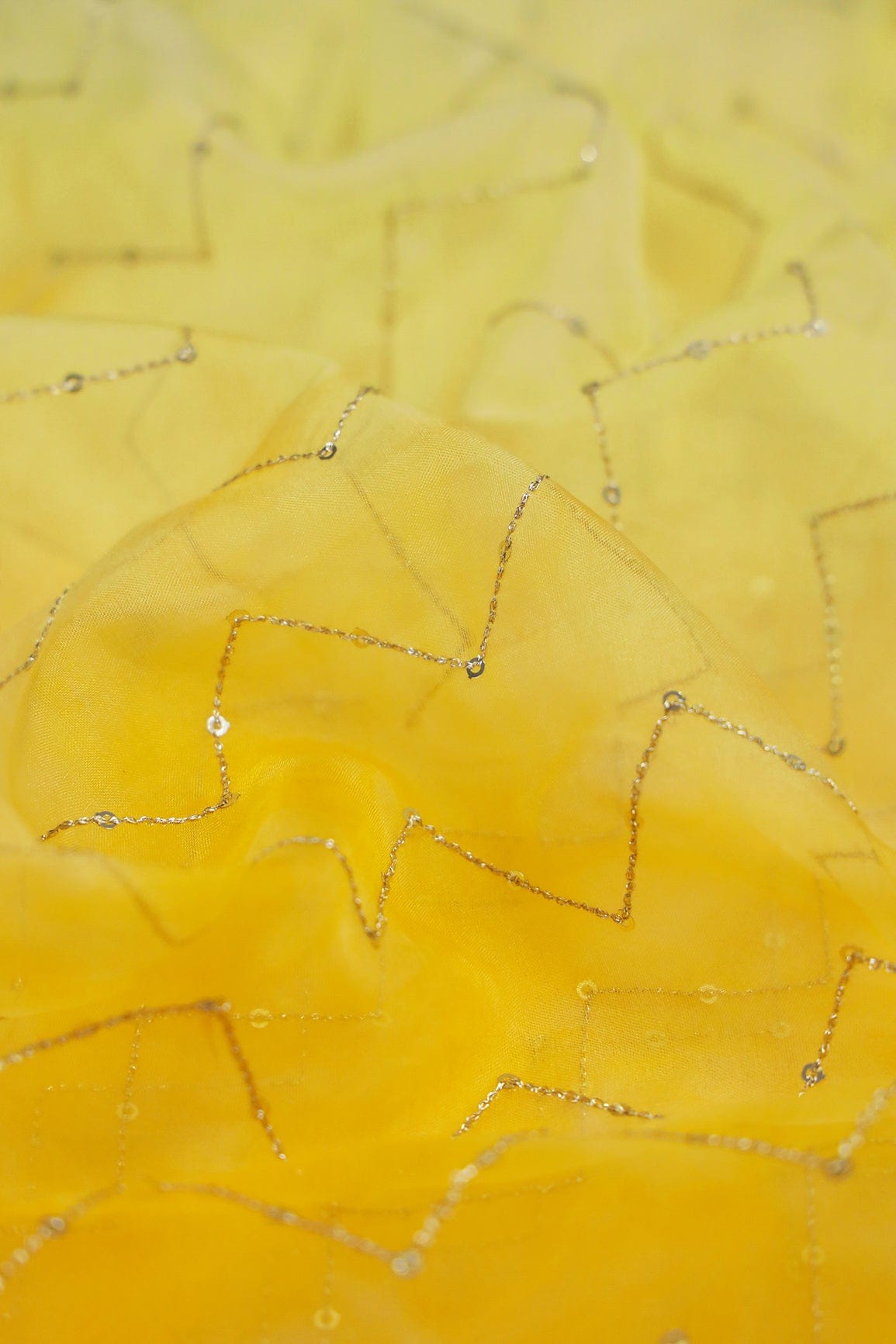 Gold Sequins Chevron Embroidery Work On Tie & Dye Yellow Organza Fabric - doeraa