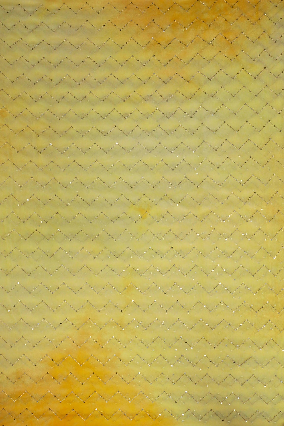 Gold Sequins Chevron Embroidery Work On Tie & Dye Yellow Organza Fabric - doeraa