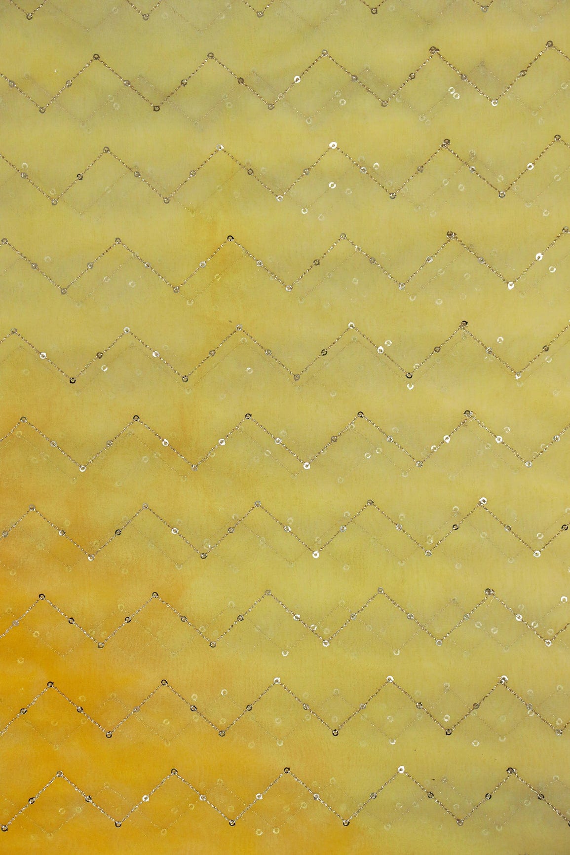 Gold Sequins Chevron Embroidery Work On Tie & Dye Yellow Organza Fabric - doeraa
