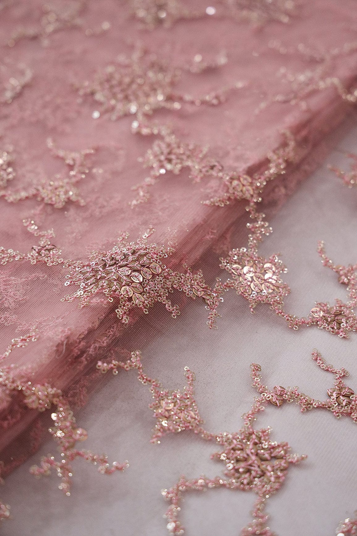 Gold Sequins with Baby Pink Thread Work Embroidery On Baby Pink Soft Net Fabric - doeraa