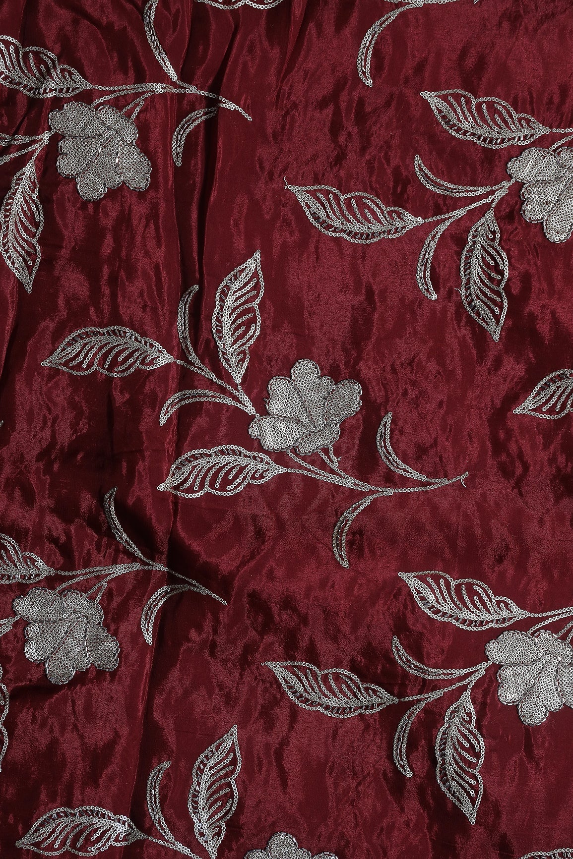 Gold Sequins With Beads Floral Leafy Embroidery Work On Maroon Pure Glass Tissue Organza Fabric - doeraa