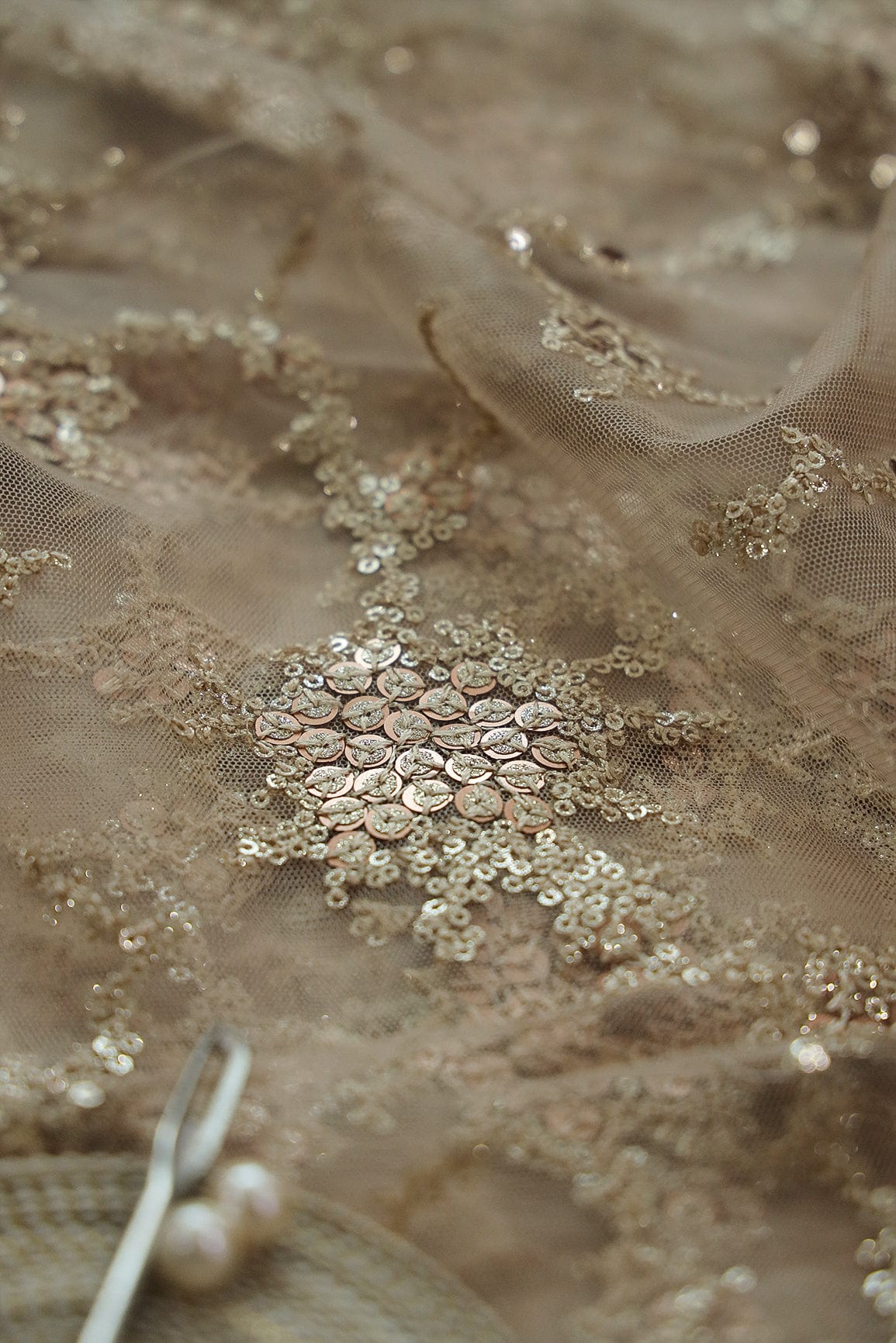 Gold Sequins with Beige Thread Work Embroidery On Beige Soft Net Fabric - doeraa