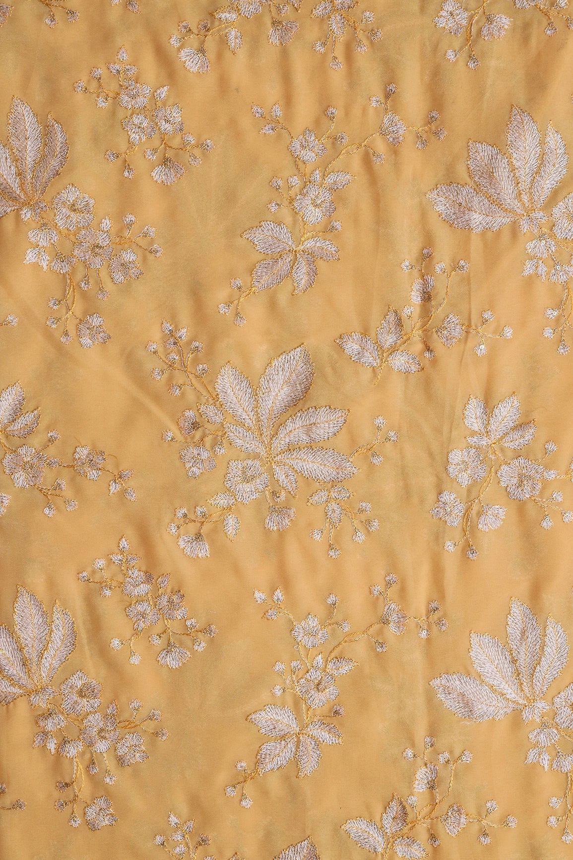 Gold Sequins With Cream Thread Floral Embroidery Work On Mellow Yellow Georgette Fabric - doeraa