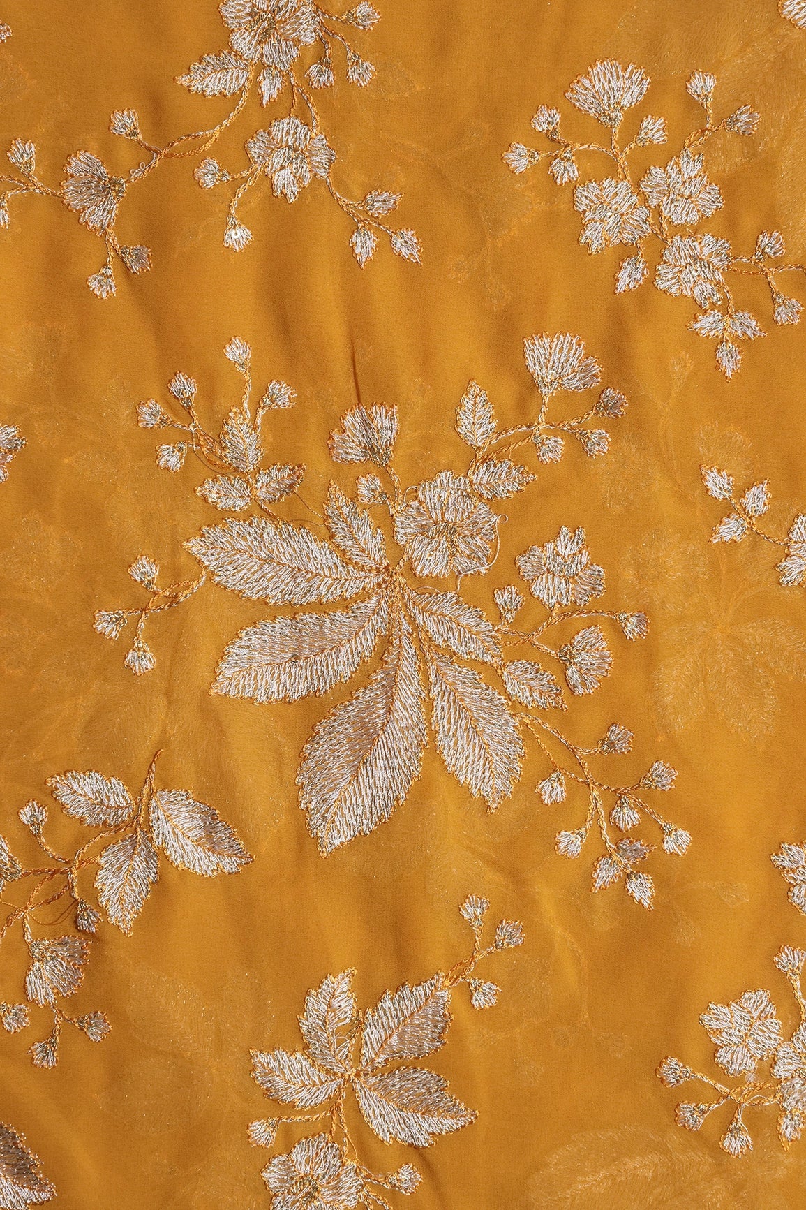 Gold Sequins With Cream Thread Floral Embroidery Work On Mustard Georgette Fabric - doeraa