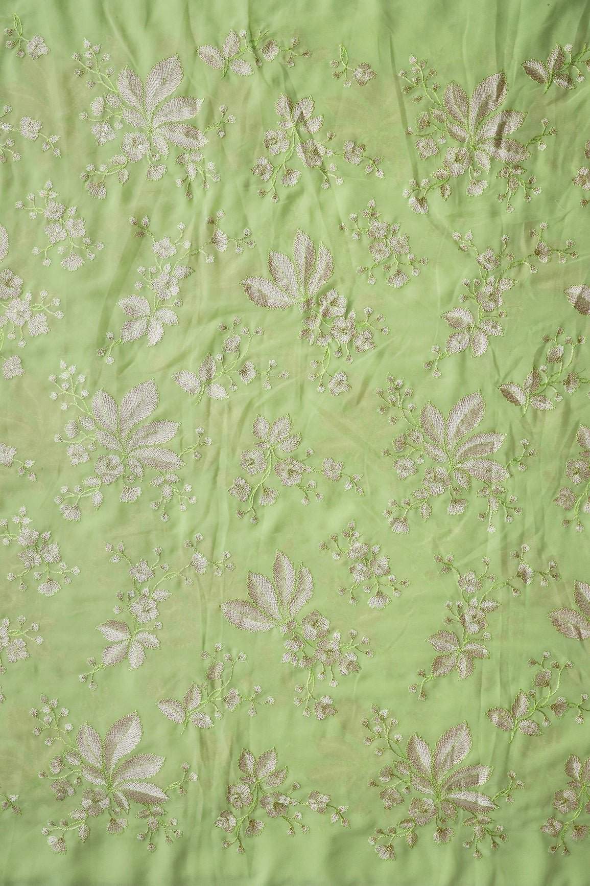 Gold Sequins With Cream Thread Floral Embroidery Work On Parrot Green Georgette Fabric - doeraa