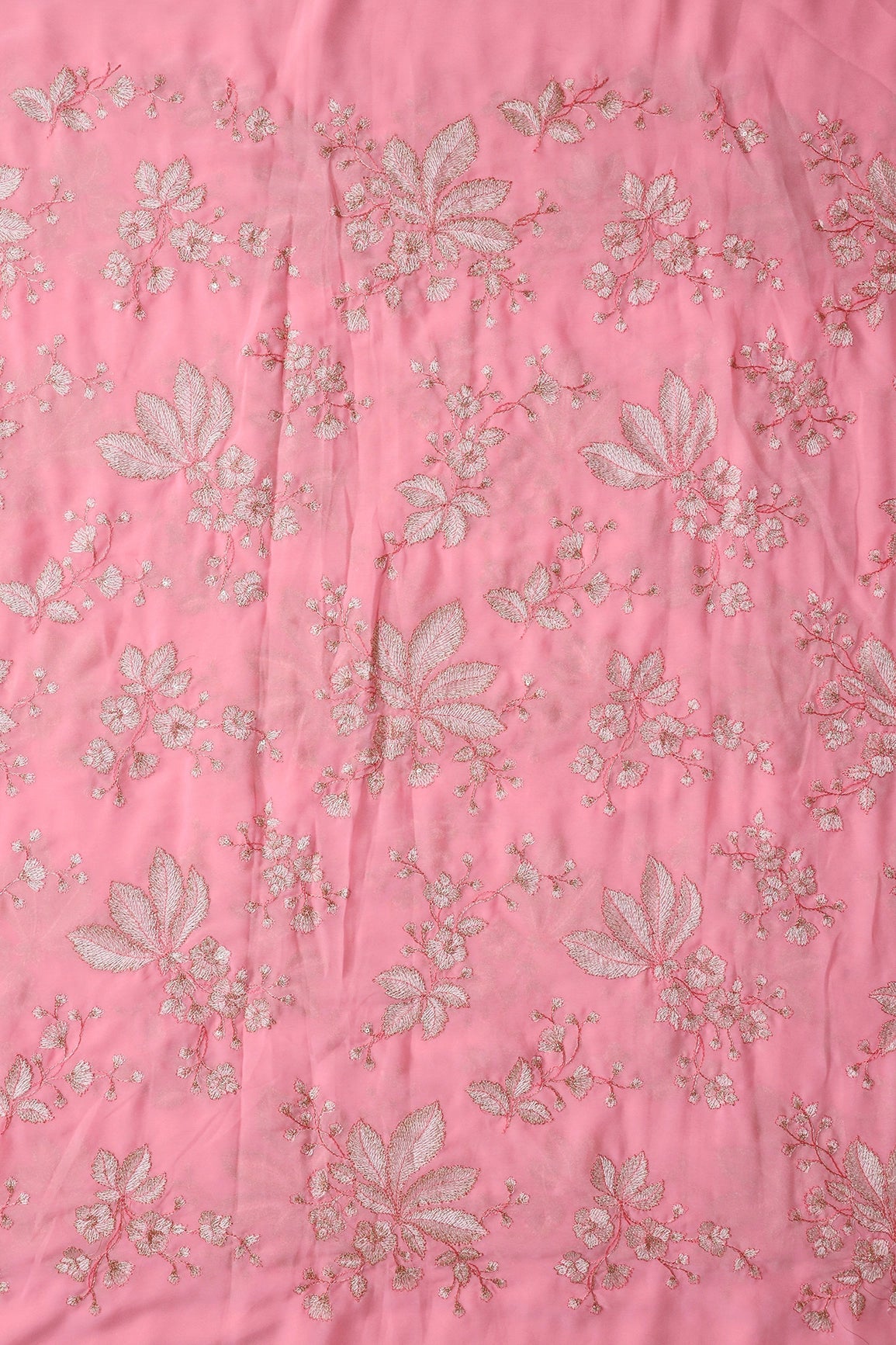 Gold Sequins With Cream Thread Floral Embroidery Work On Pink Georgette Fabric - doeraa