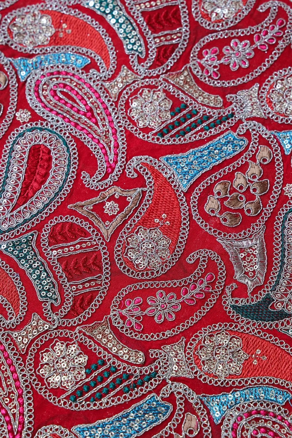 Gold Sequins With Gold Zari Beautiful Paisley Embroidery On Red Viscose Georgette Fabric - doeraa