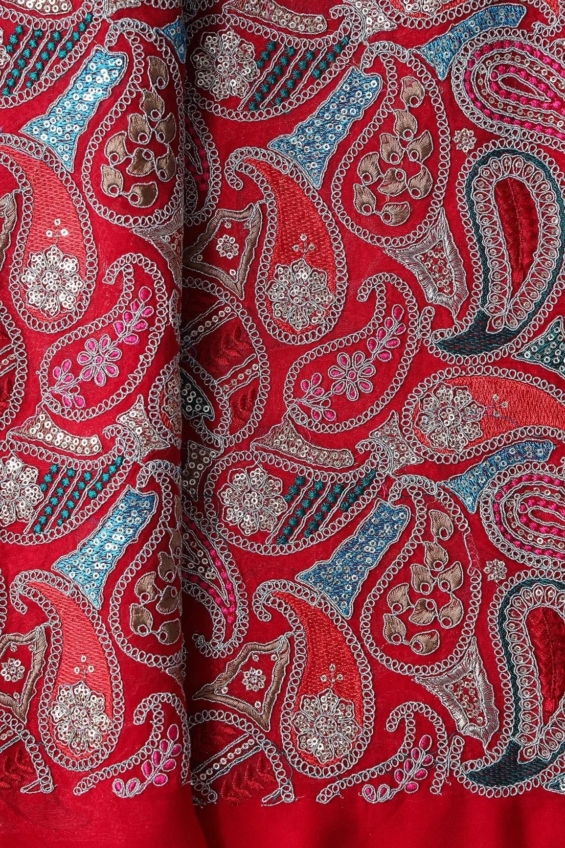 Gold Sequins With Gold Zari Beautiful Paisley Embroidery On Red Viscose Georgette Fabric - doeraa