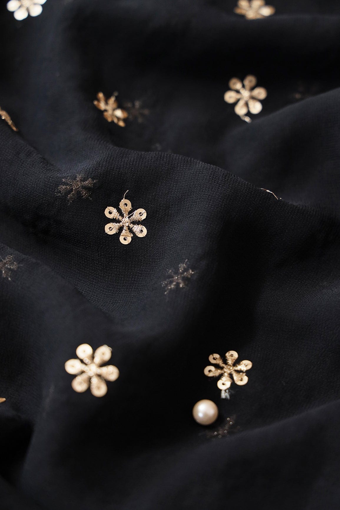 Gold Sequins With Gold Zari Beautiful Small Motif Embroidery On Black Viscose Georgette Fabric - doeraa