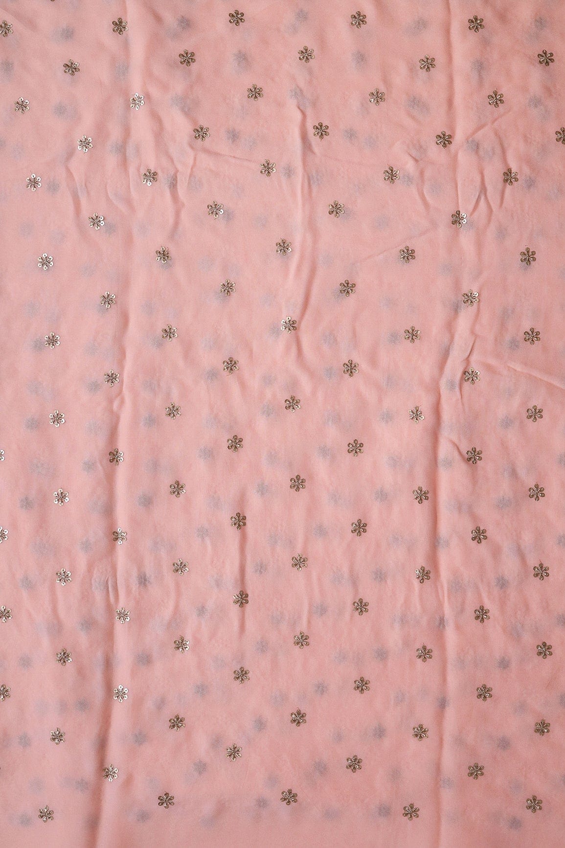 Gold Sequins With Gold Zari Beautiful Small Motif Embroidery On Light Peach Viscose Georgette Fabric - doeraa