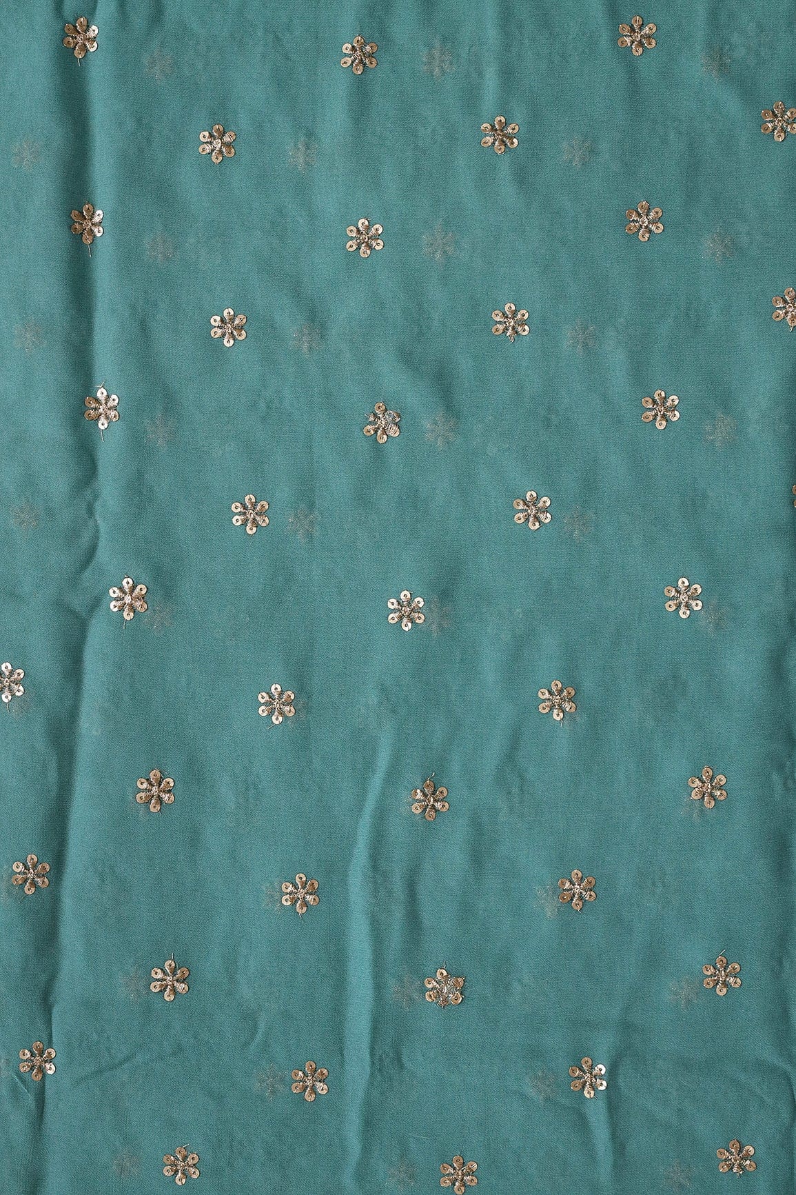 Gold Sequins With Gold Zari Beautiful Small Motif Embroidery On Teal Viscose Georgette Fabric - doeraa