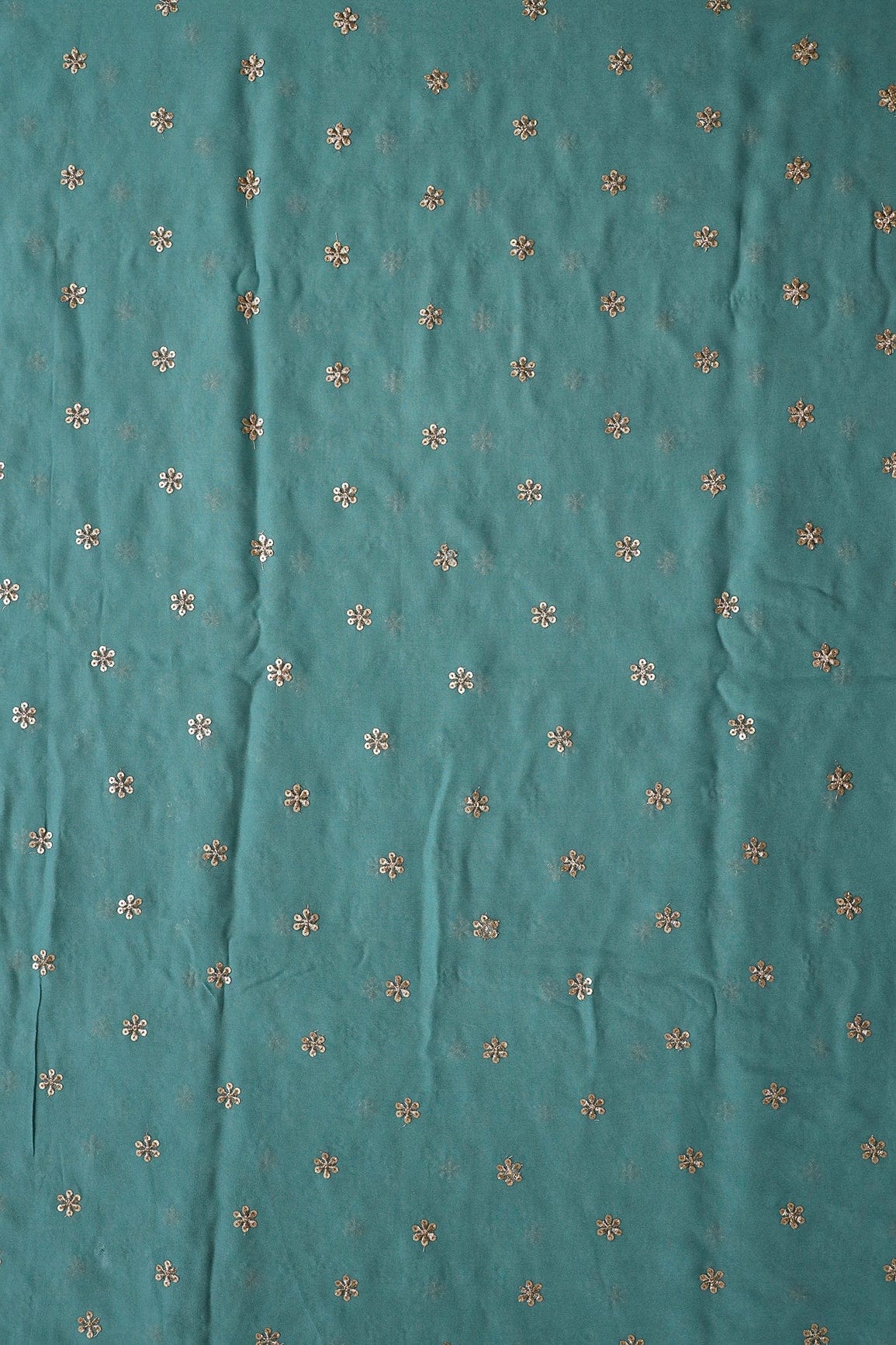 Gold Sequins With Gold Zari Beautiful Small Motif Embroidery On Teal Viscose Georgette Fabric - doeraa