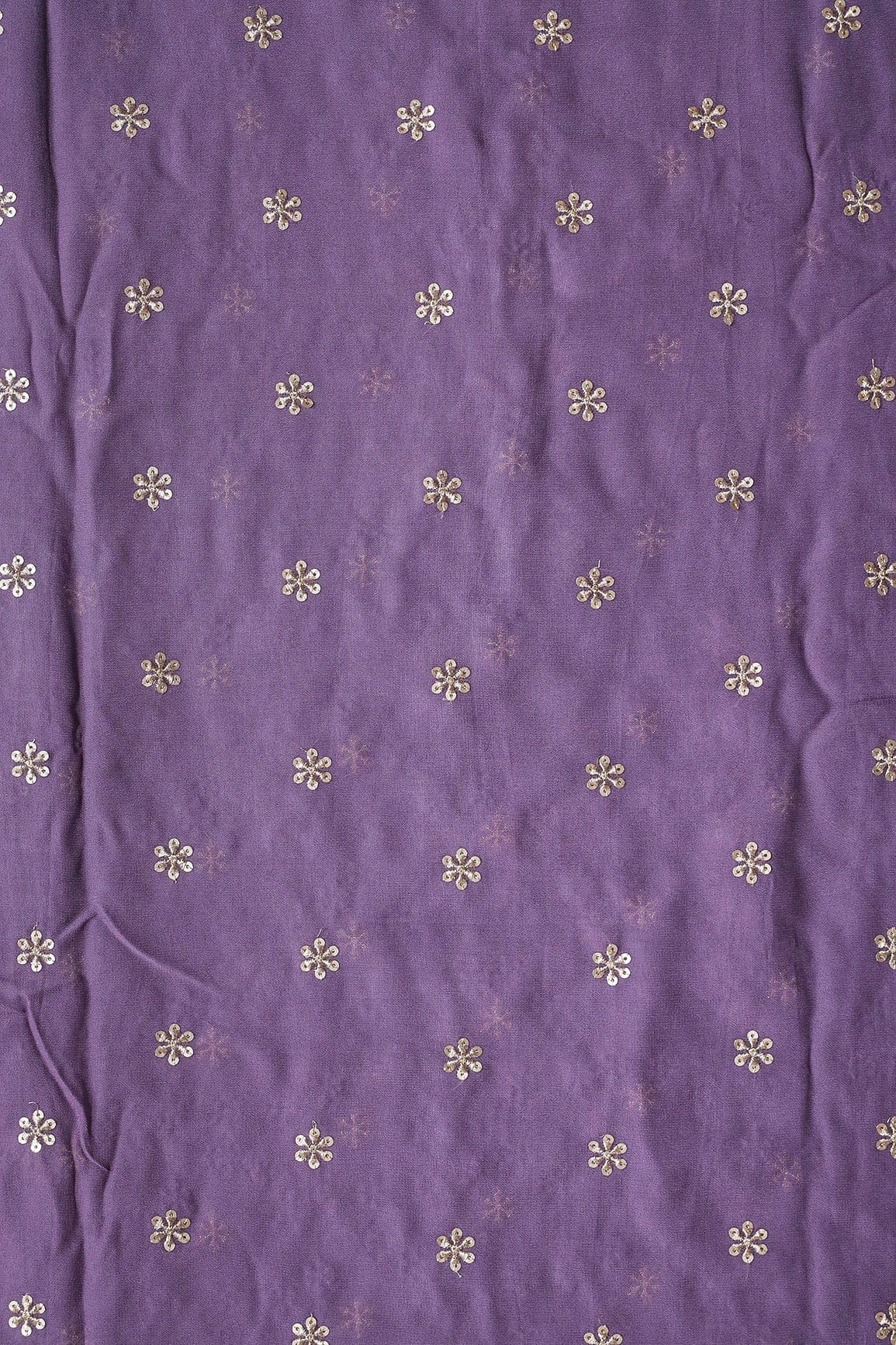 Gold Sequins With Gold Zari Beautiful Small Motif Embroidery On Viola Purple Viscose Georgette Fabric - doeraa