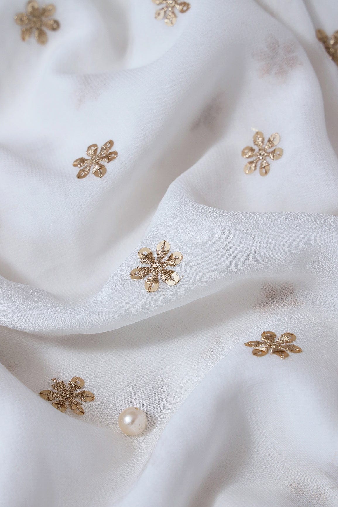 Gold Sequins With Gold Zari Beautiful Small Motif Embroidery On White Dyeable Viscose Georgette Fabric - doeraa