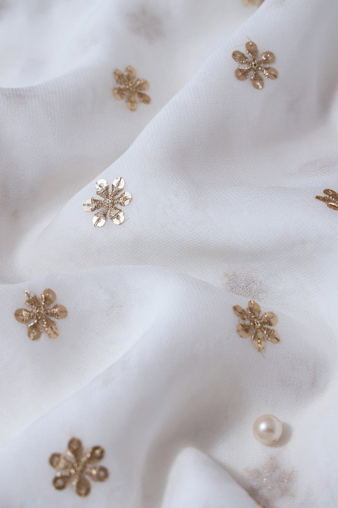 Gold Sequins With Gold Zari Beautiful Small Motif Embroidery On White Dyeable Viscose Georgette Fabric - doeraa