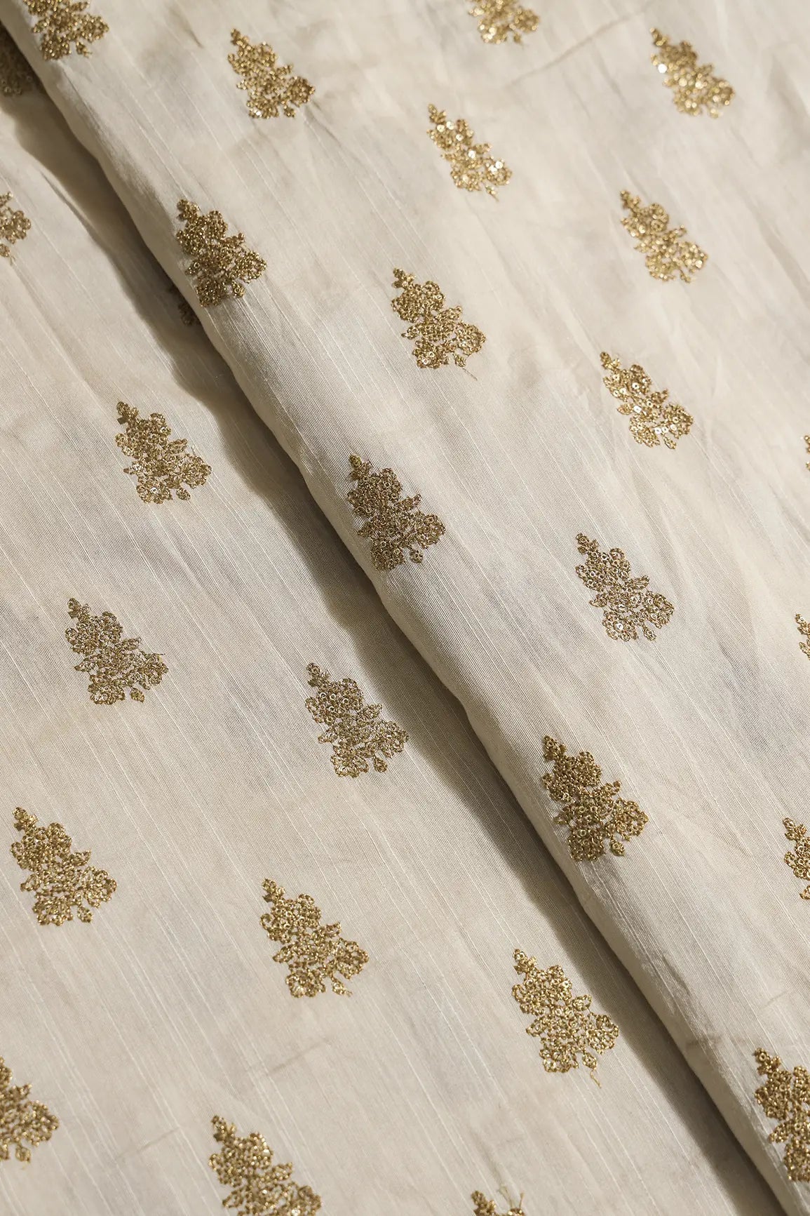 Gold Sequins With Gold Zari Big Motif Embroidery Work On Cream Raw Silk Fabric - doeraa