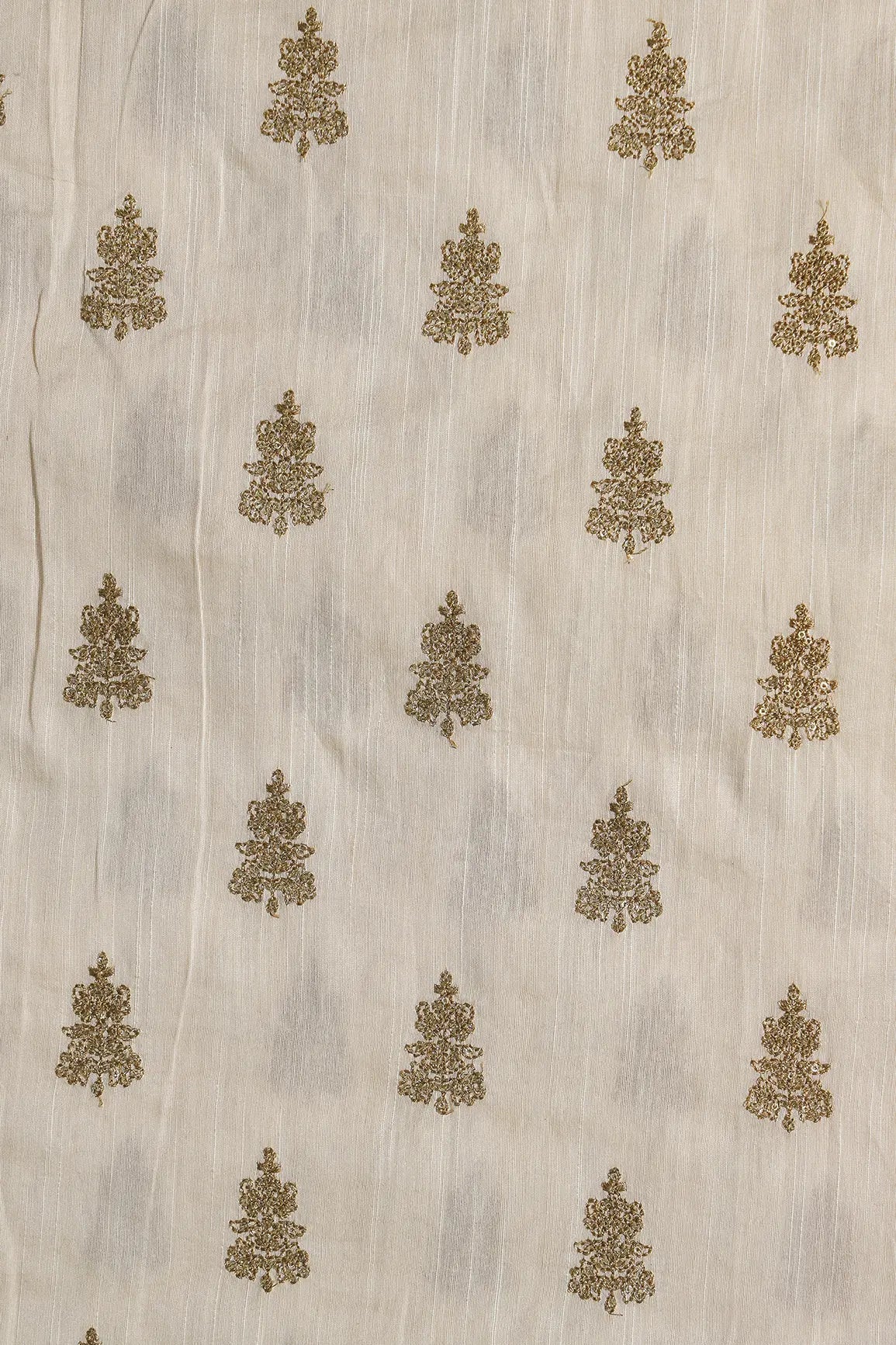 Gold Sequins With Gold Zari Big Motif Embroidery Work On Cream Raw Silk Fabric - doeraa