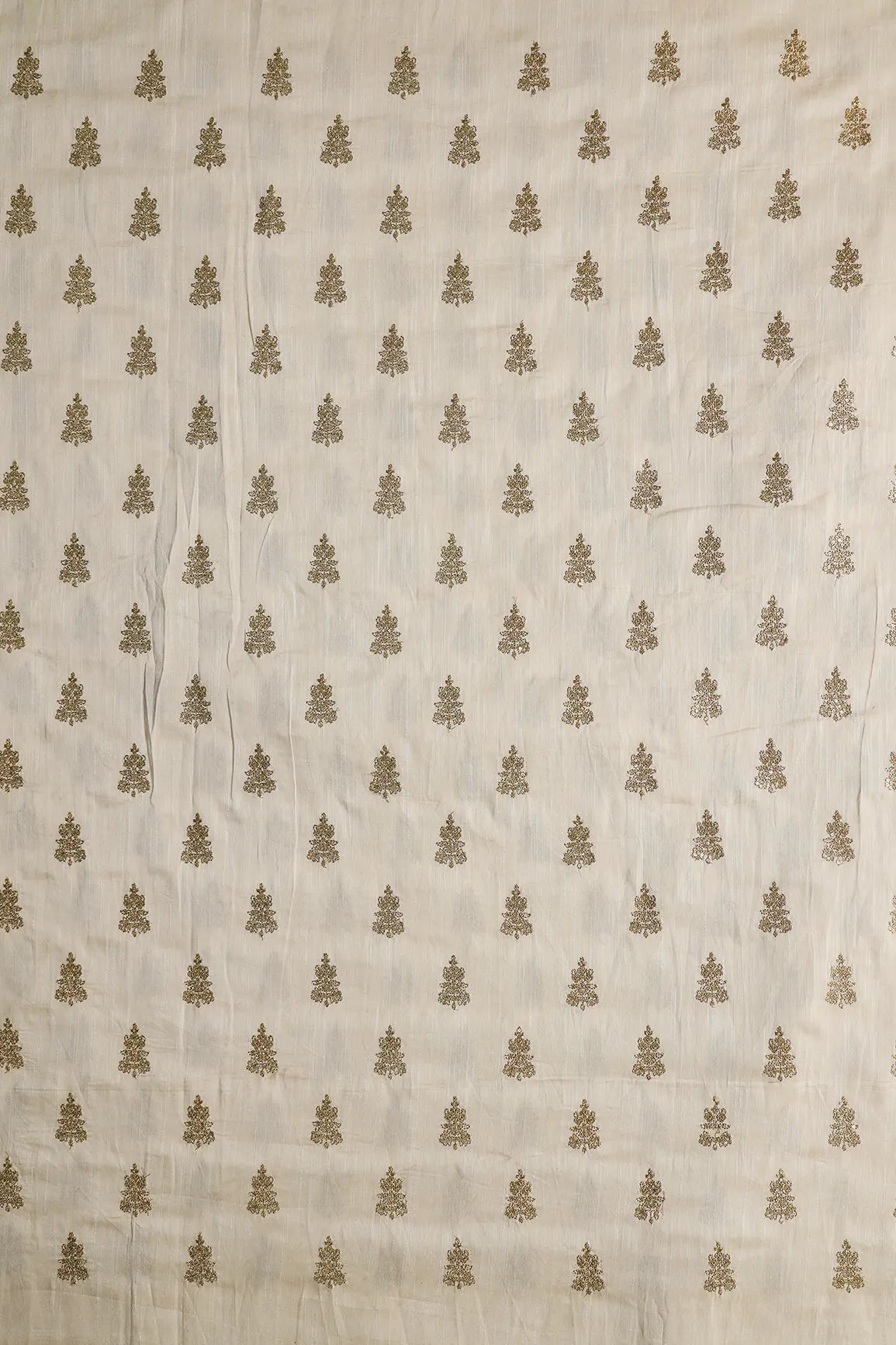 Gold Sequins With Gold Zari Big Motif Embroidery Work On Cream Raw Silk Fabric - doeraa