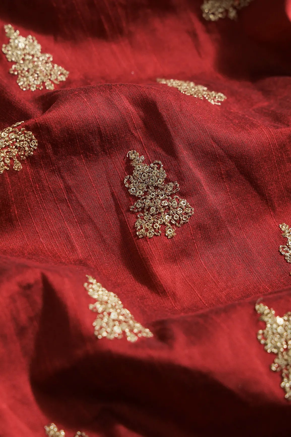 Gold Sequins With Gold Zari Big Motif Embroidery Work On Maroon Raw Silk Fabric - doeraa