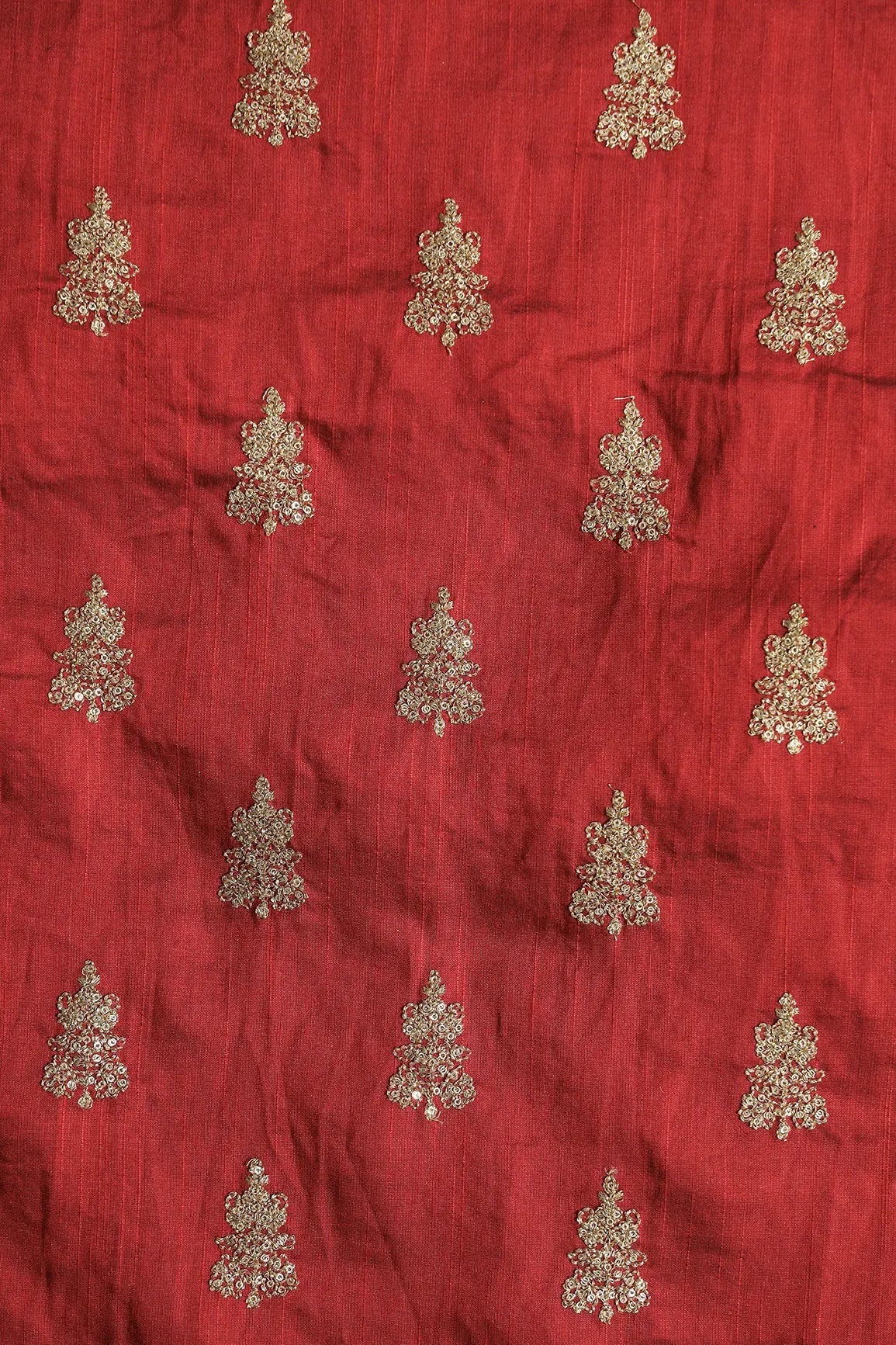 Gold Sequins With Gold Zari Big Motif Embroidery Work On Maroon Raw Silk Fabric - doeraa