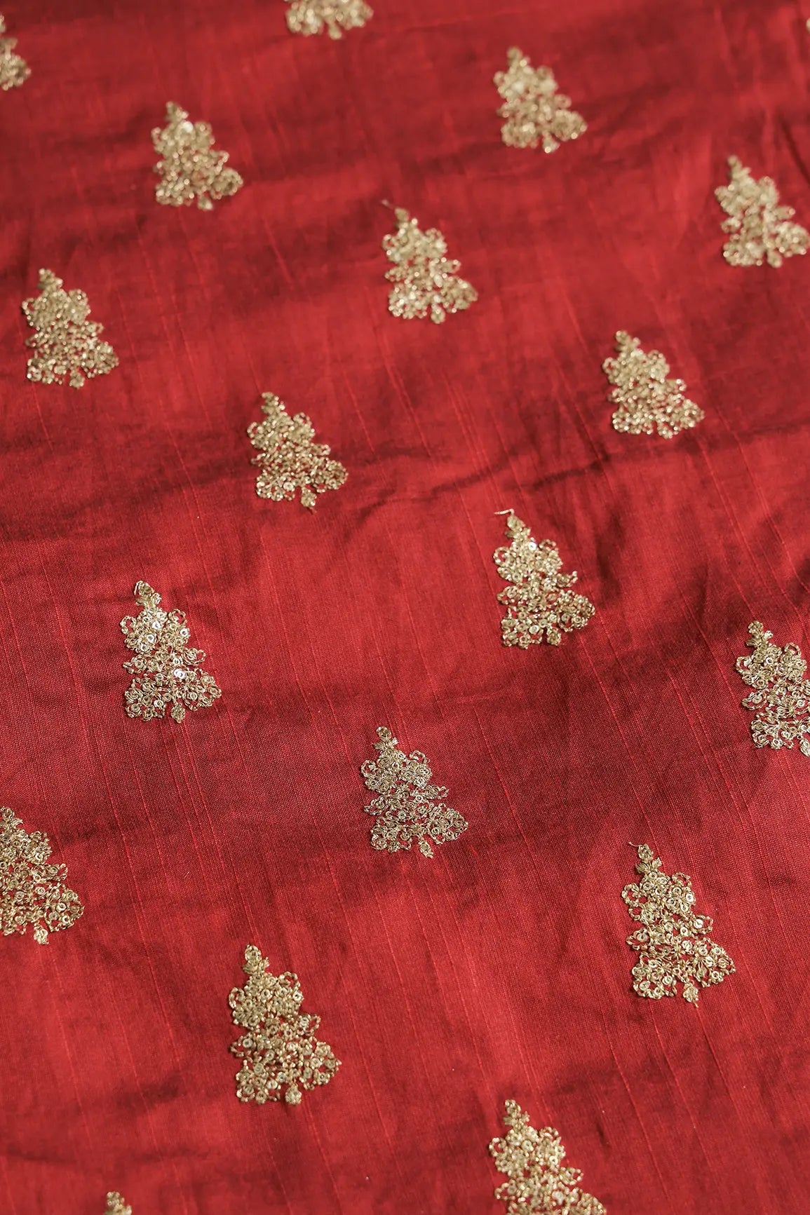 Gold Sequins With Gold Zari Big Motif Embroidery Work On Maroon Raw Silk Fabric - doeraa
