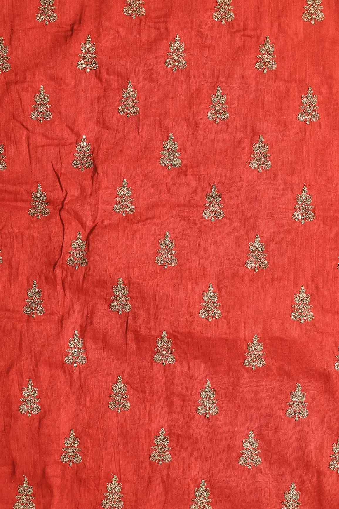 Gold Sequins With Gold Zari Big Motif Embroidery Work On Orange Raw Silk Fabric - doeraa
