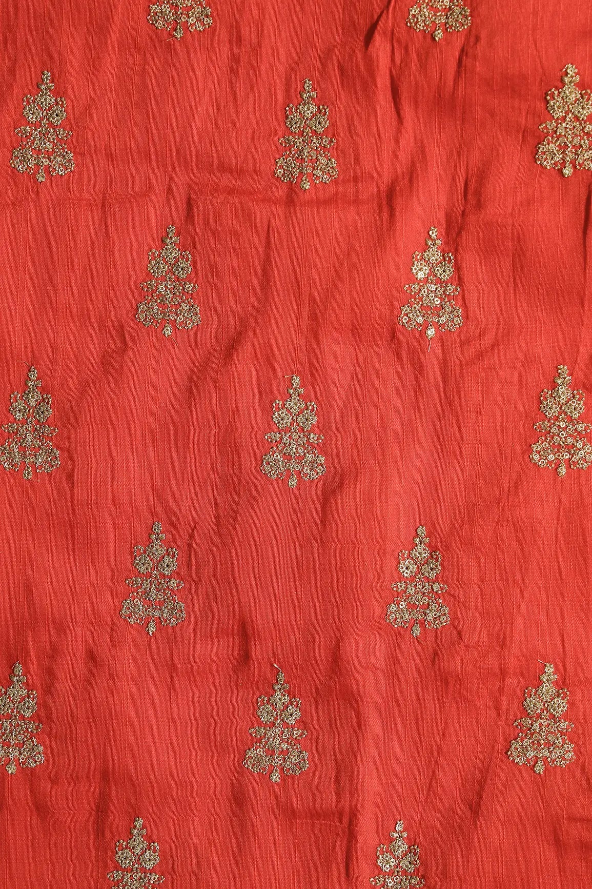 Gold Sequins With Gold Zari Big Motif Embroidery Work On Orange Raw Silk Fabric - doeraa