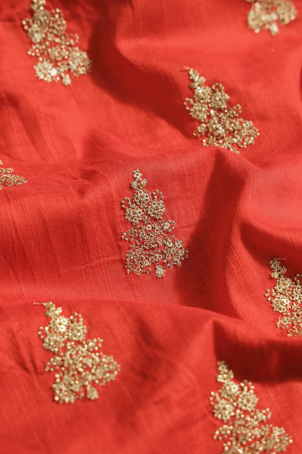 Gold Sequins With Gold Zari Big Motif Embroidery Work On Orange Raw Silk Fabric - doeraa