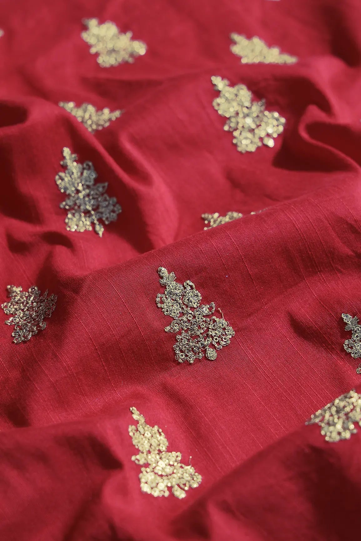 Gold Sequins With Gold Zari Big Motif Embroidery Work On Red Raw Silk Fabric - doeraa