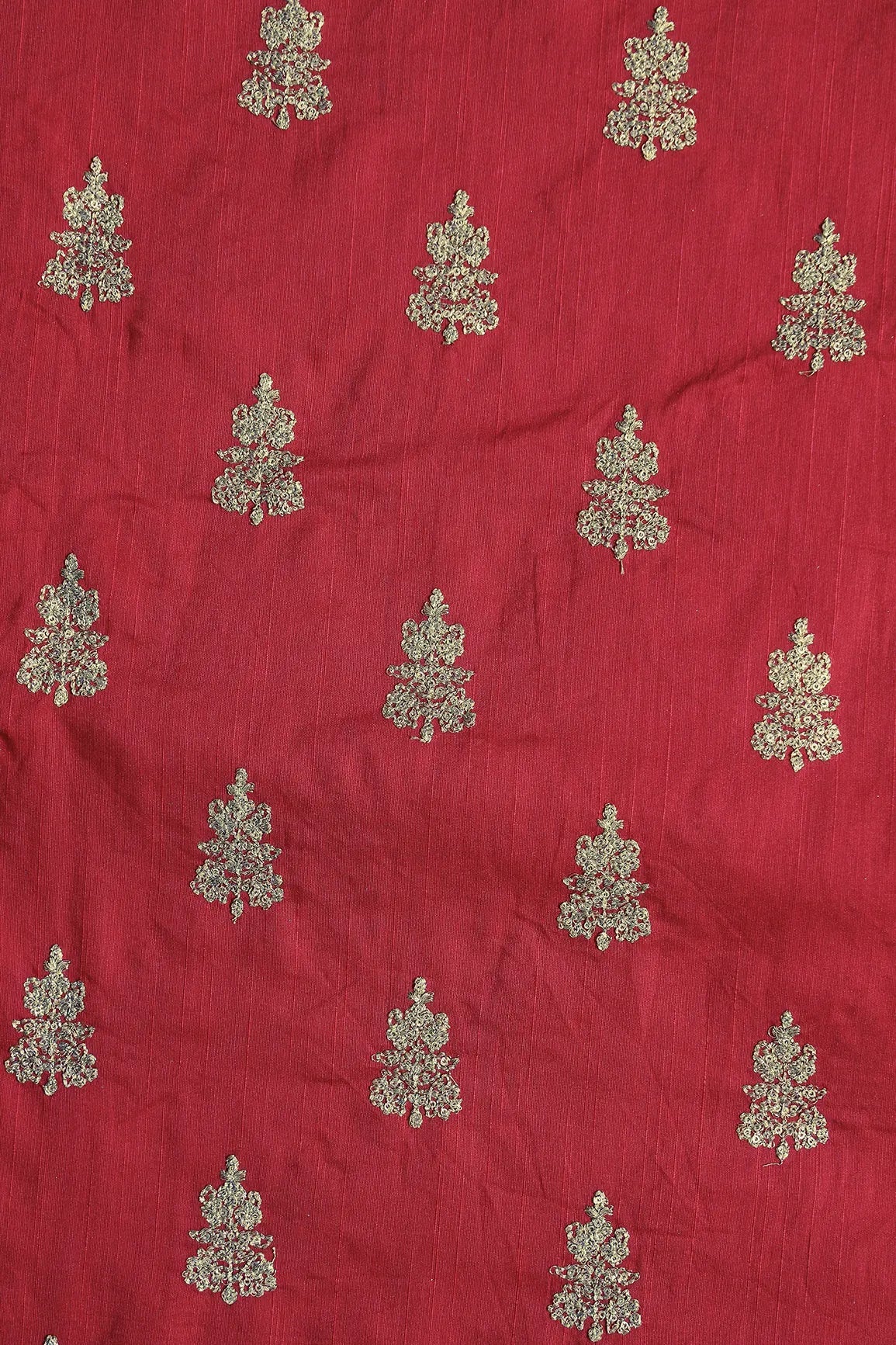 Gold Sequins With Gold Zari Big Motif Embroidery Work On Red Raw Silk Fabric - doeraa