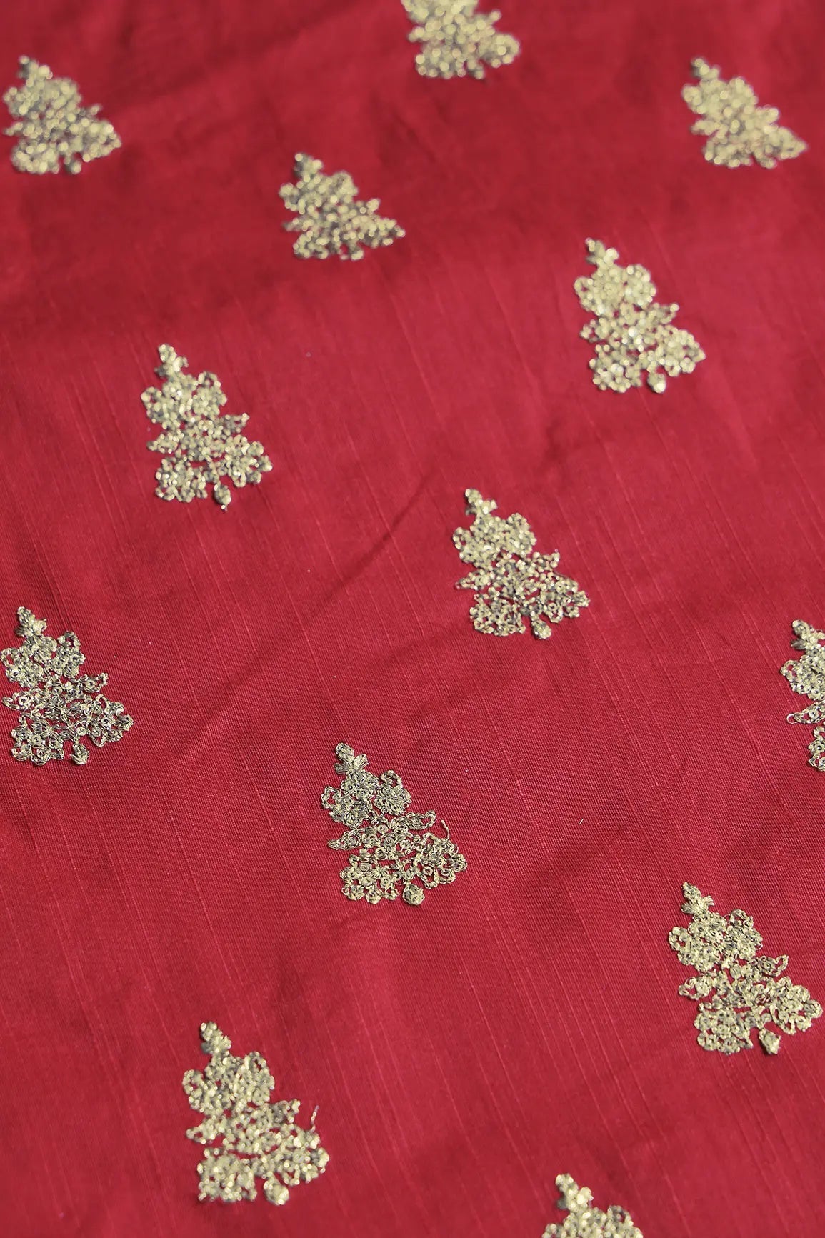 Gold Sequins With Gold Zari Big Motif Embroidery Work On Red Raw Silk Fabric - doeraa