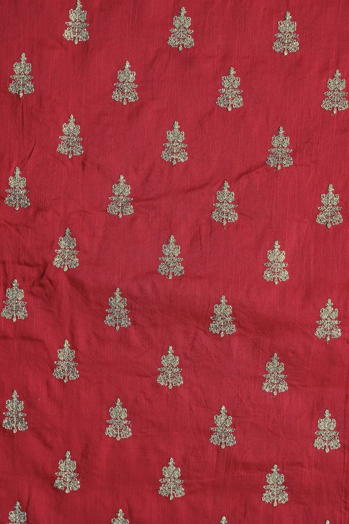 Gold Sequins With Gold Zari Big Motif Embroidery Work On Red Raw Silk Fabric - doeraa